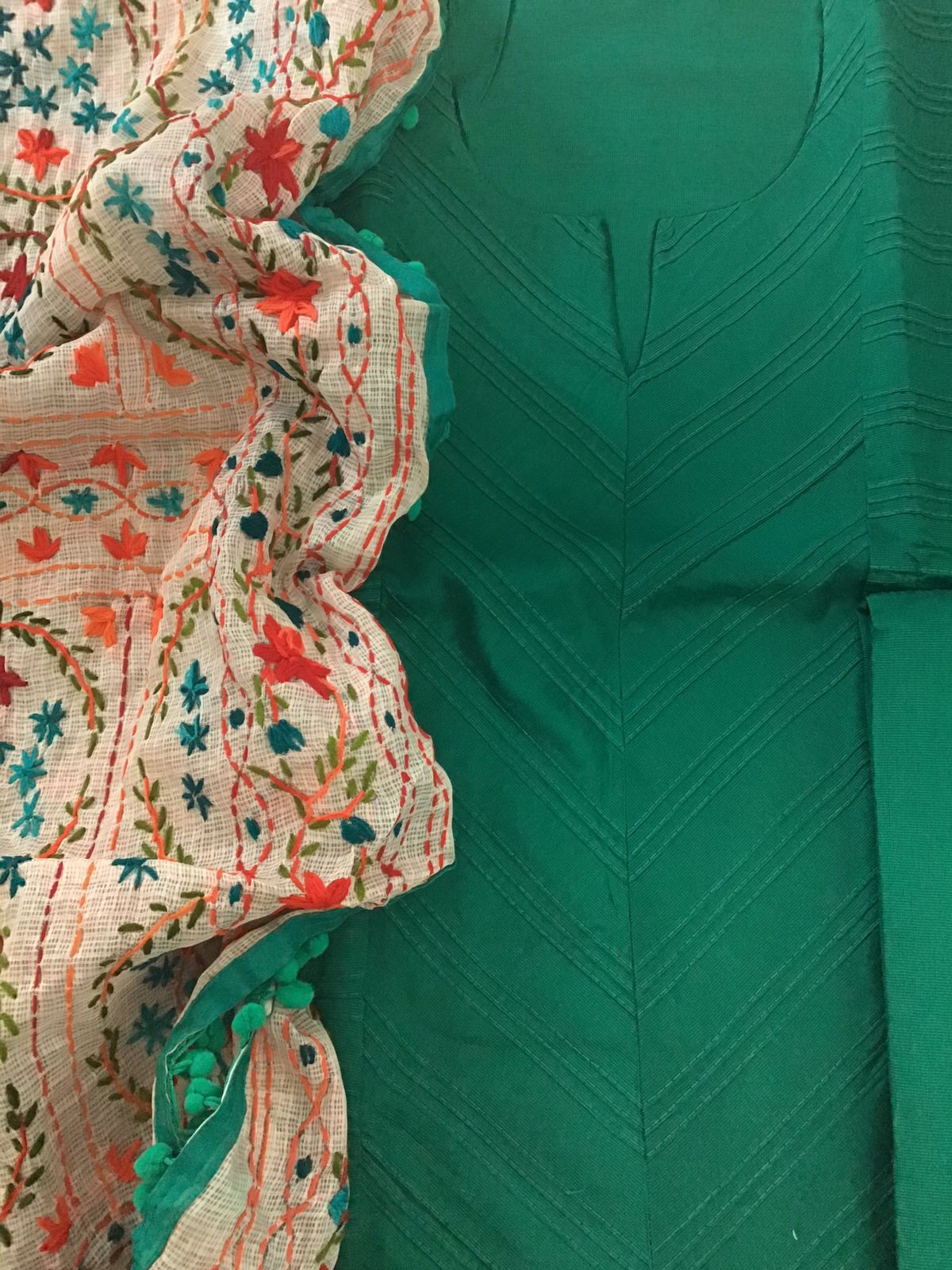 Pure Cotton Silk Embroidered Suit - Green