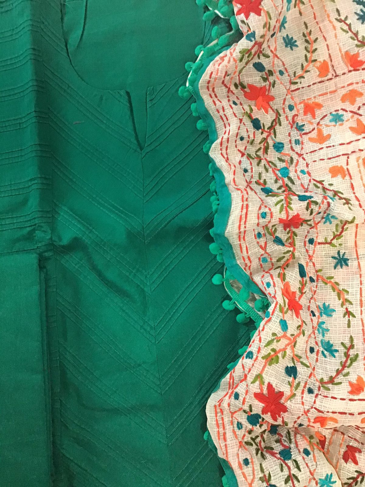 Pure Cotton Silk Embroidered Suit - Green