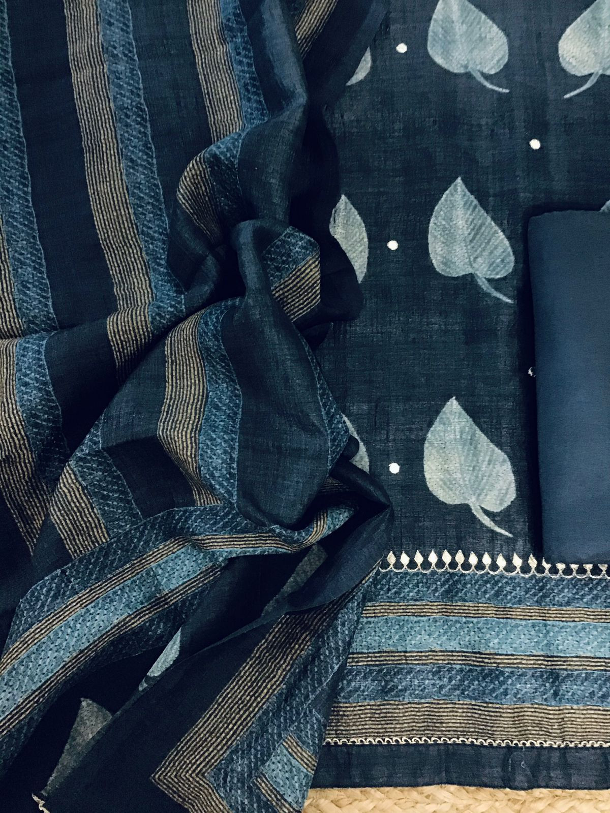 Soft Semi Tussar Printed Embroidered Suit - Blue