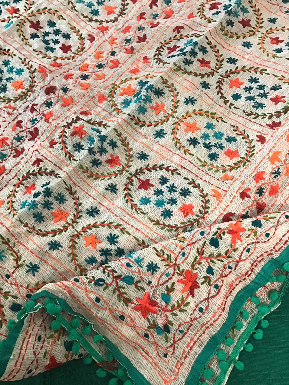 Pure Cotton Silk Embroidered Suit - Green