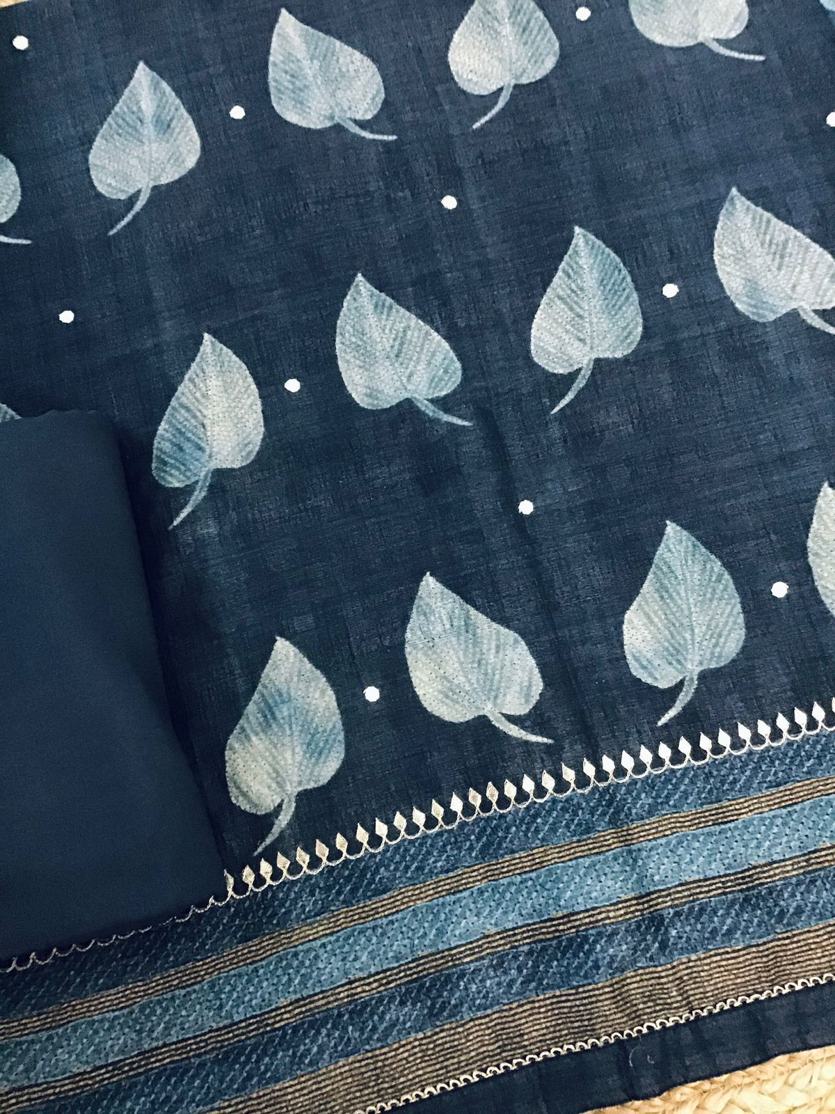 Soft Semi Tussar Printed Embroidered Suit - Blue