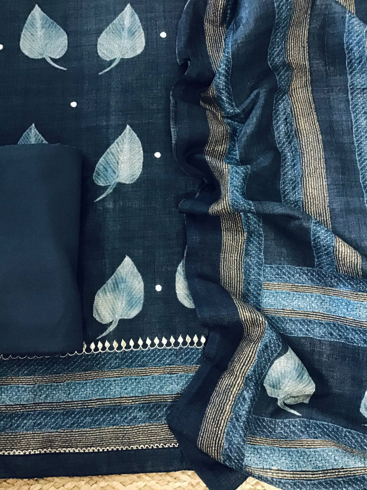 Soft Semi Tussar Printed Embroidered Suit - Blue