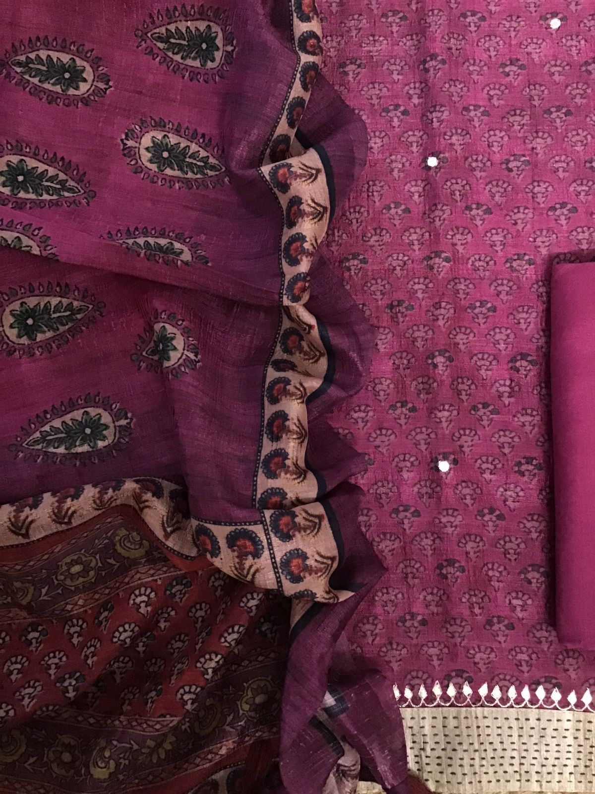 Soft Semi Tussar Printed Embroidered Suit - Pink