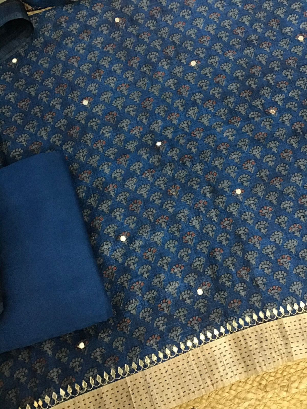 Soft Semi Tussar Printed Embroidered Suit - Blue