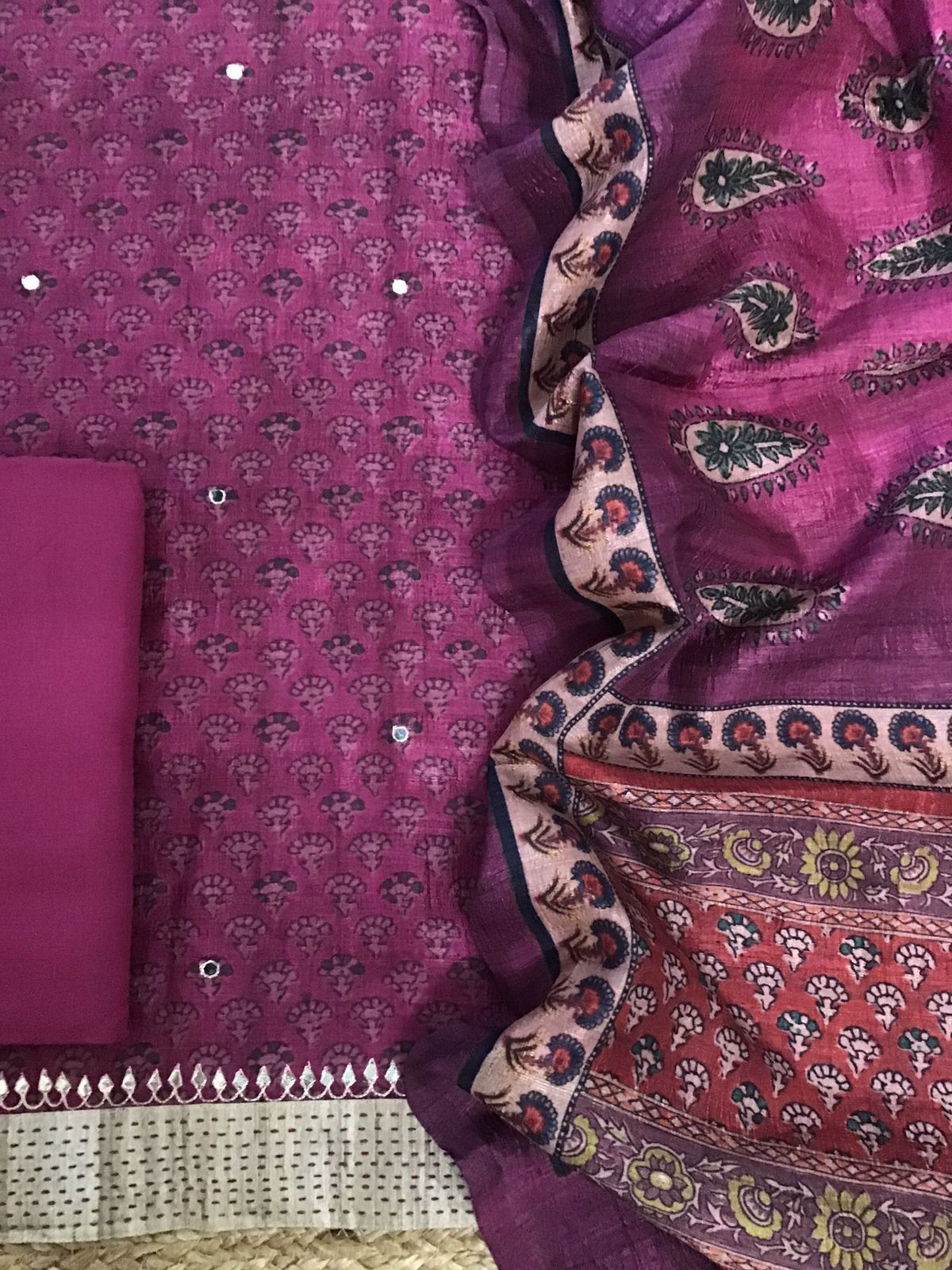 Soft Semi Tussar Printed Embroidered Suit - Pink