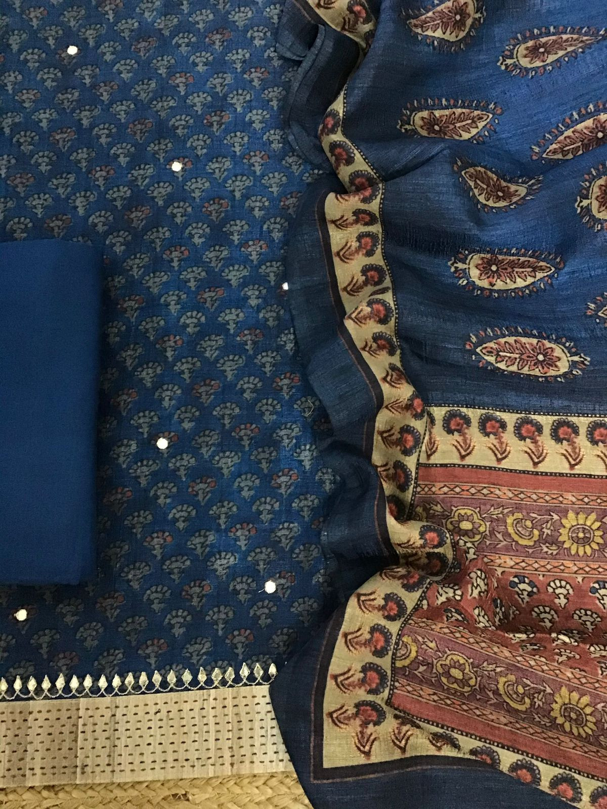 Soft Semi Tussar Printed Embroidered Suit - Blue