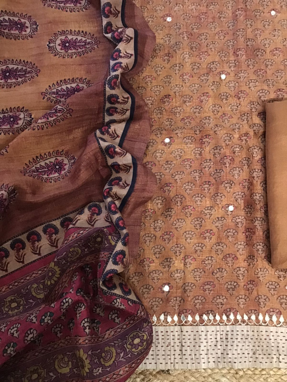 Soft Semi Tussar Printed Embroidered Suit - Brown