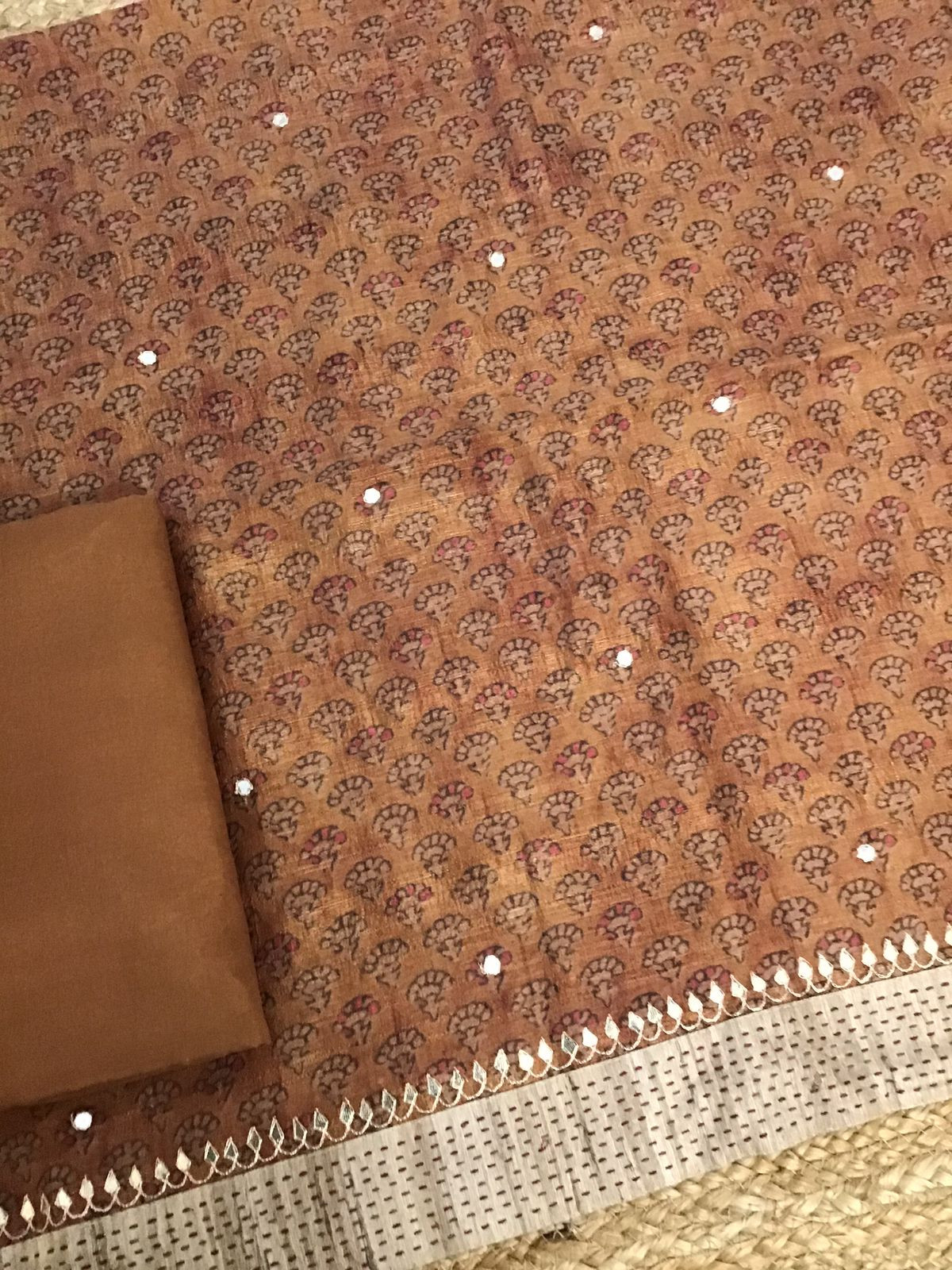 Soft Semi Tussar Printed Embroidered Suit - Brown