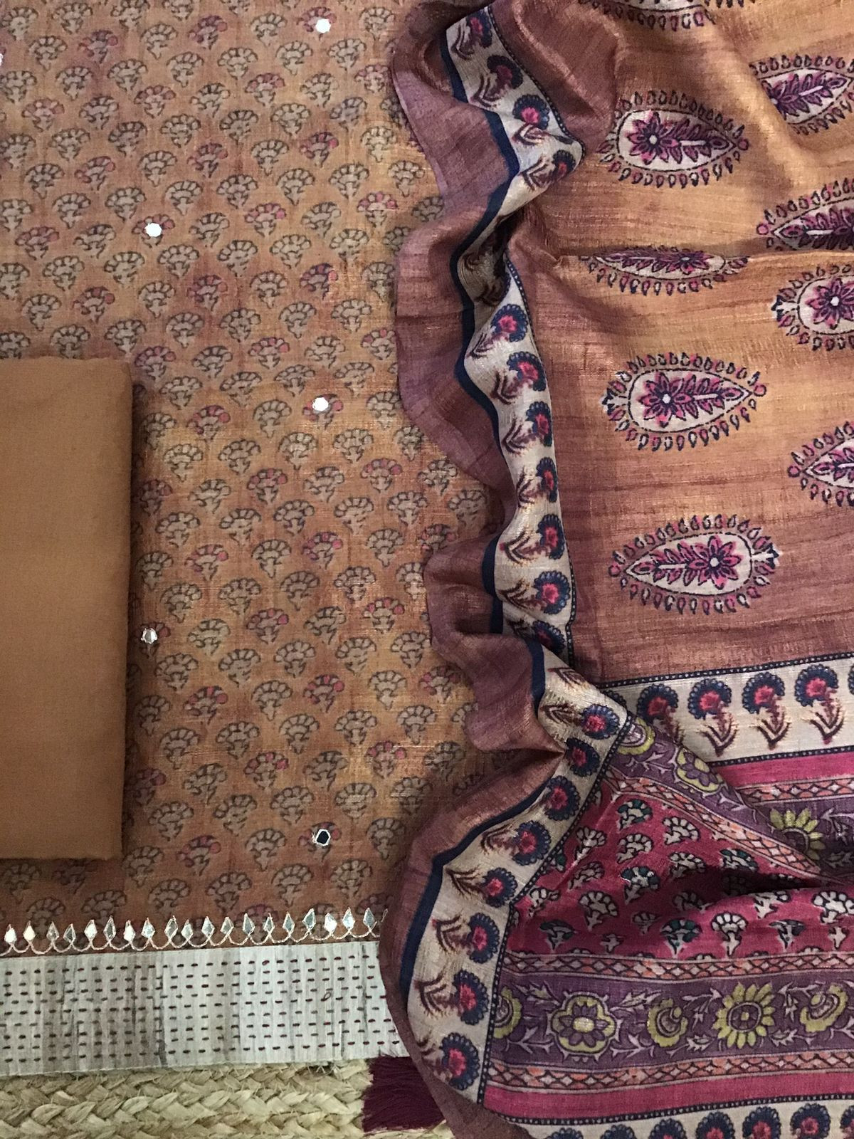 Soft Semi Tussar Printed Embroidered Suit - Brown