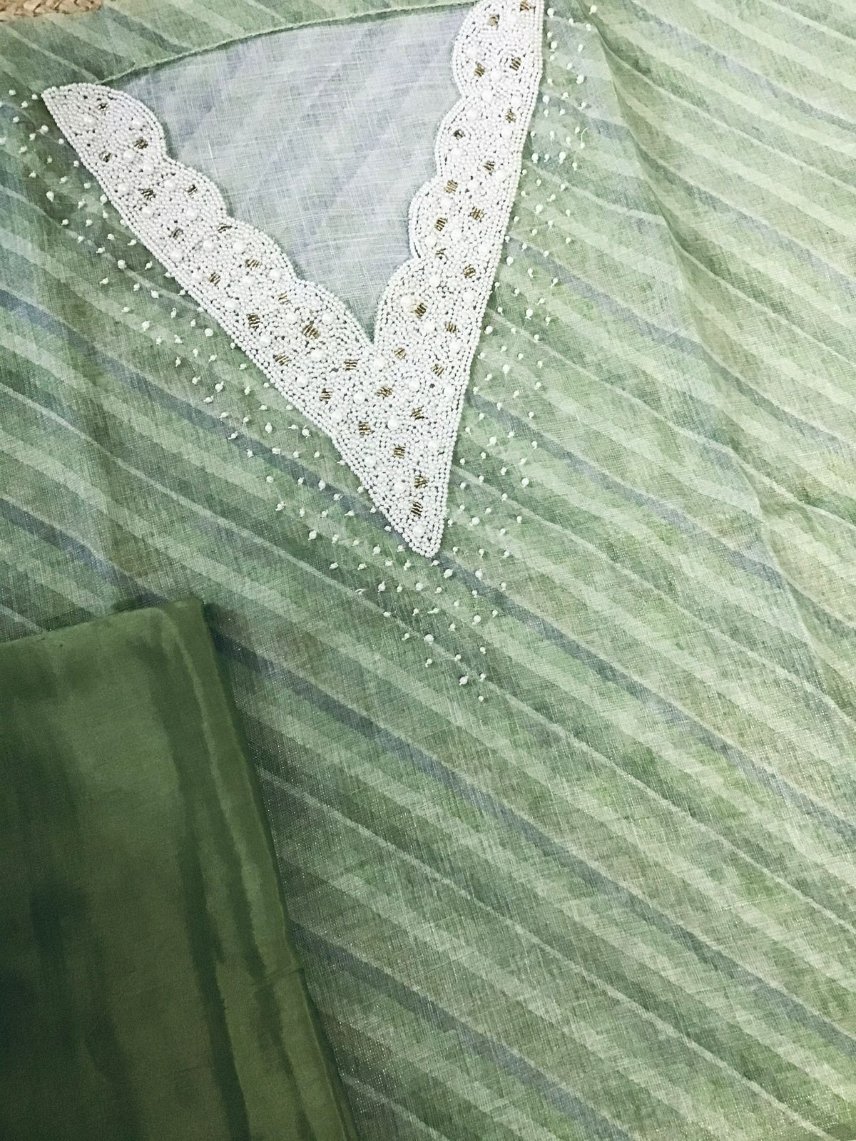 Soft Tissue Slub Cotton Printed Embroidered Suit - Green
