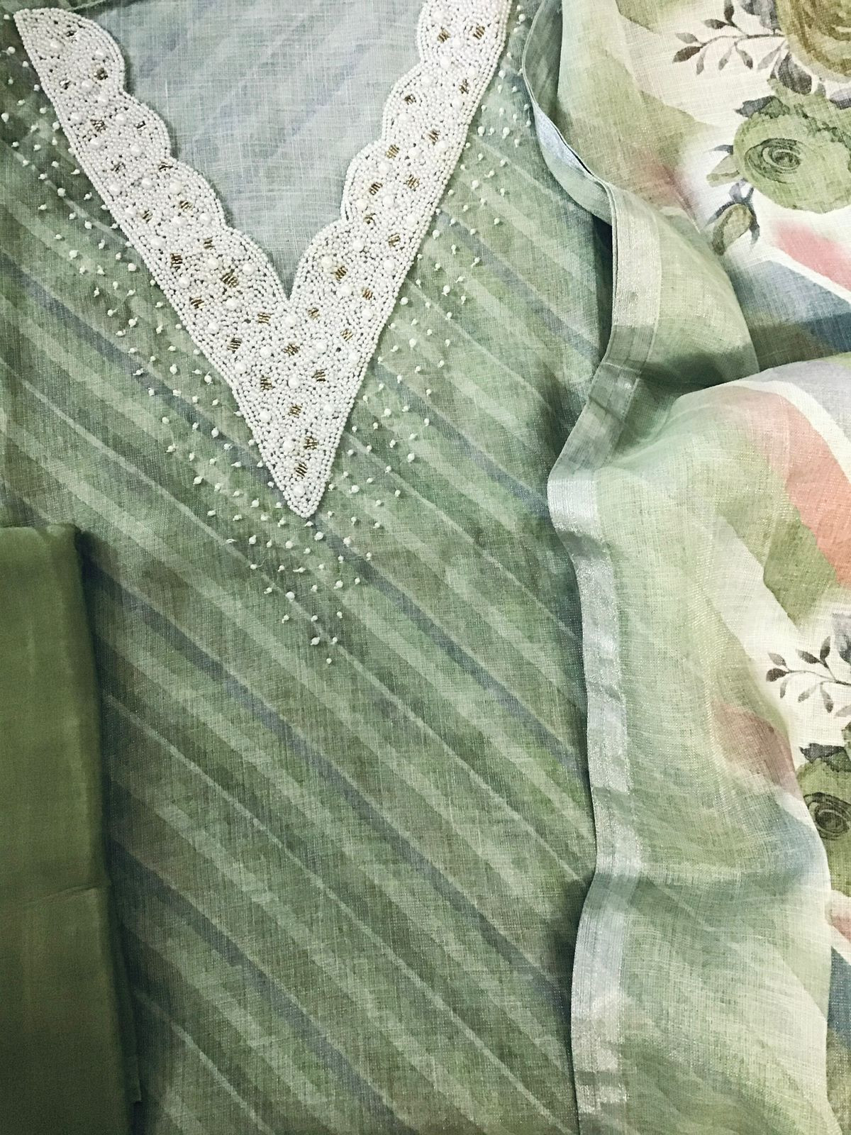 Soft Tissue Slub Cotton Printed Embroidered Suit - Green