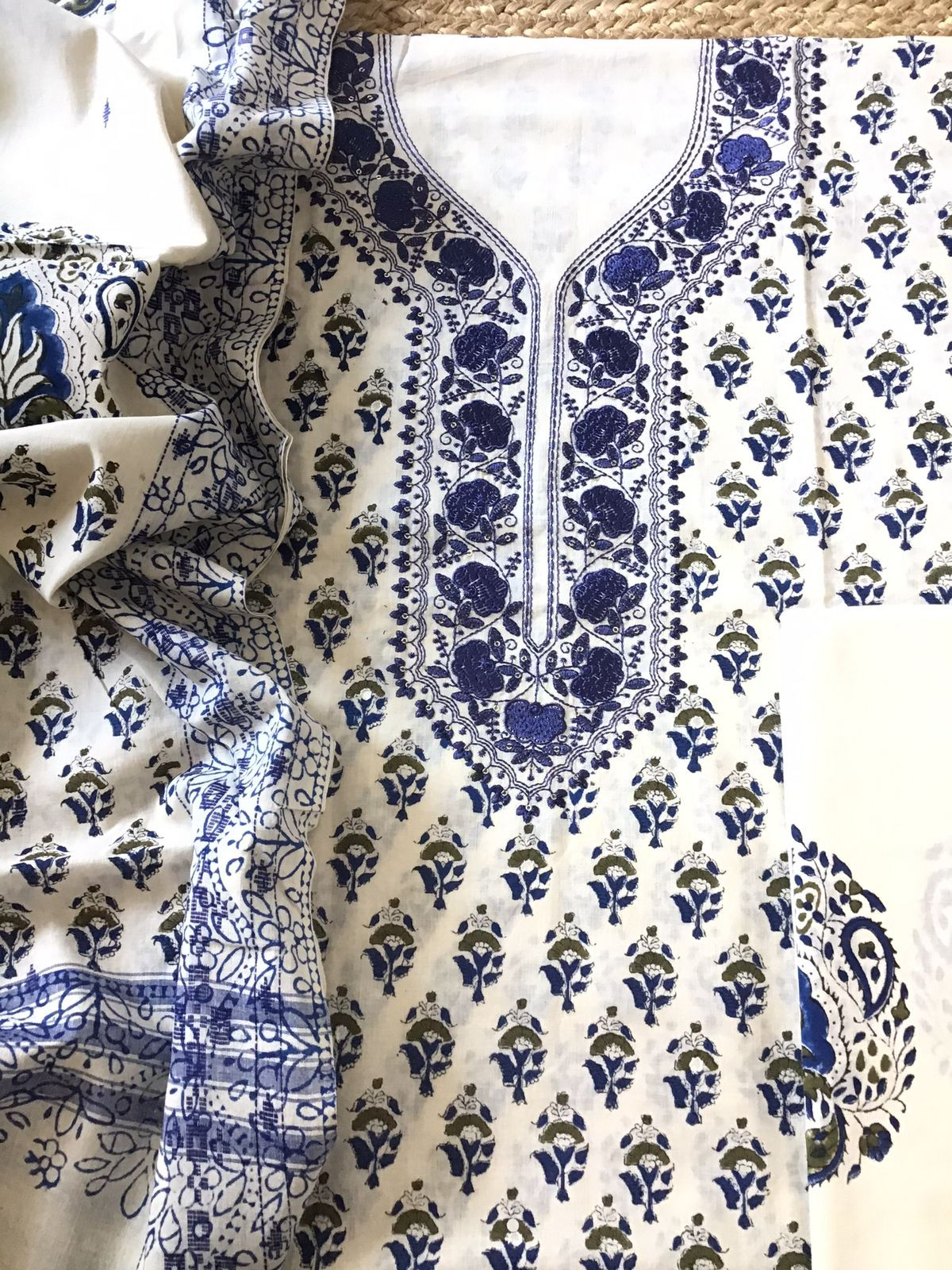 Pure Cotton Printed Embroidered Suit - Offwhite