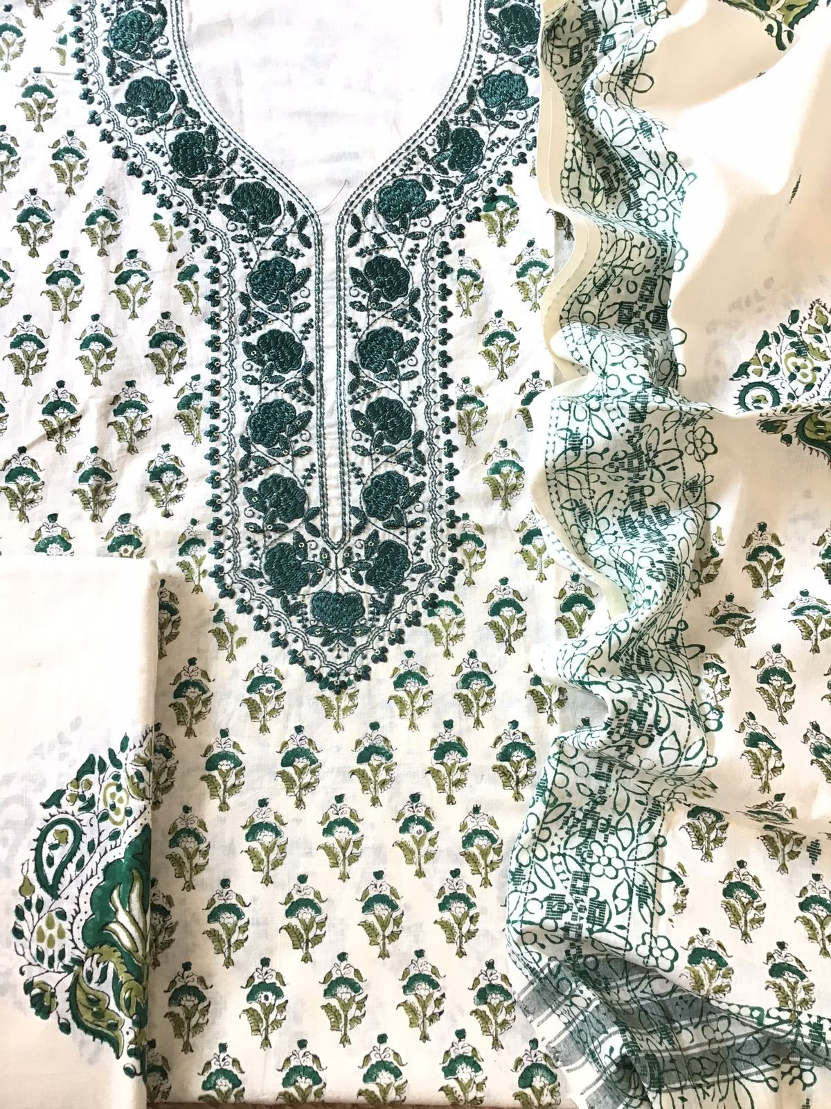 Pure Cotton Printed Embroidered Suit - Offwhite