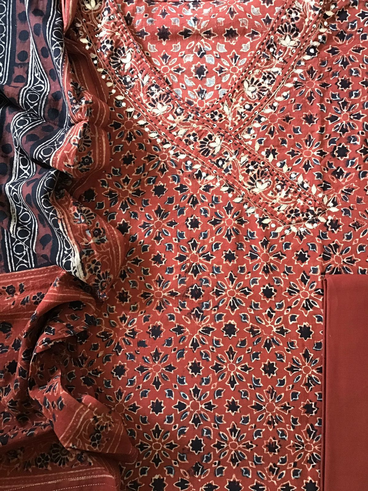 Pure Cotton Printed Embroidered Suit - Red