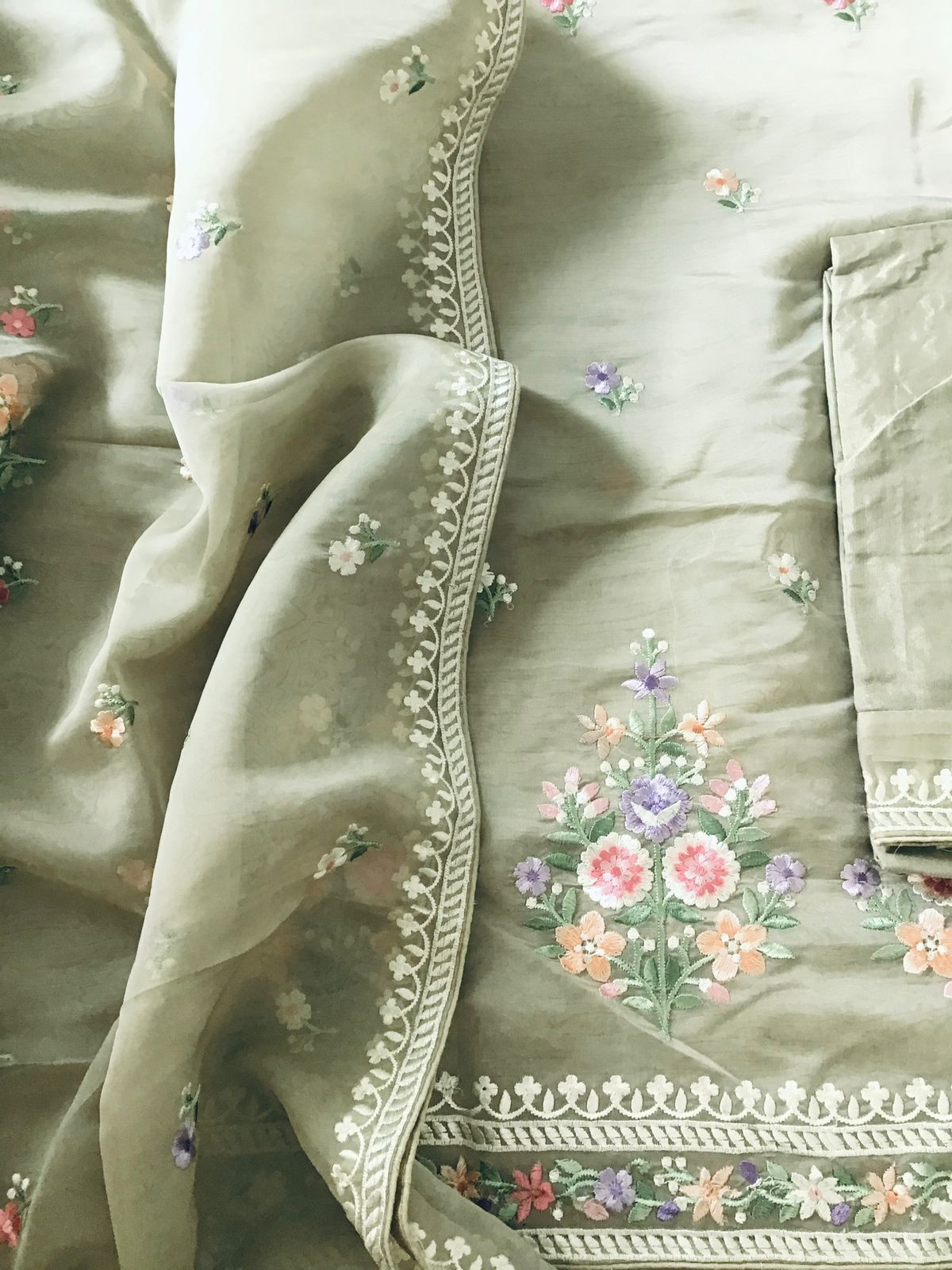 Soft Organza Embroidered Suit - Beigish Grey