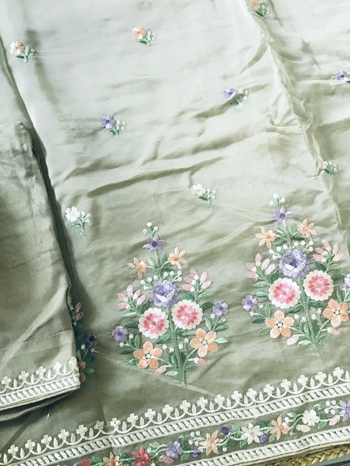 Soft Organza Embroidered Suit - Beigish Grey