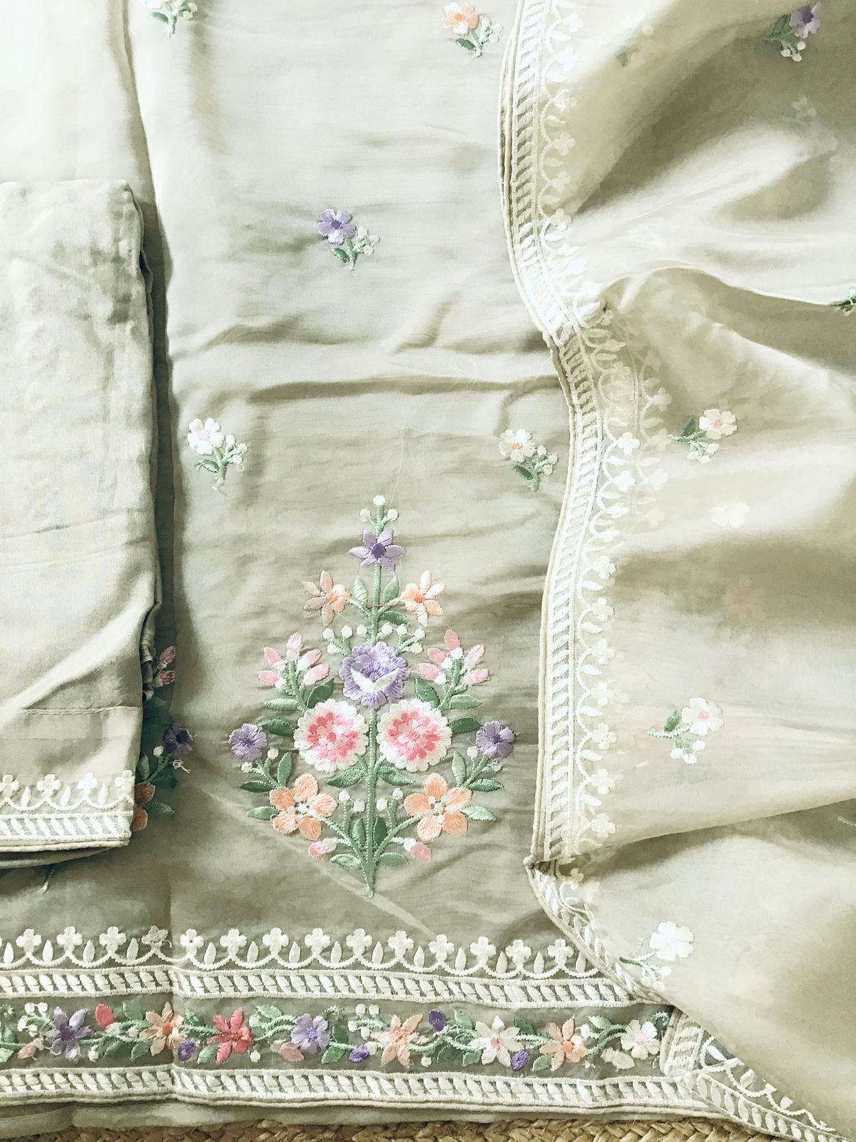 Soft Organza Embroidered Suit - Beigish Grey