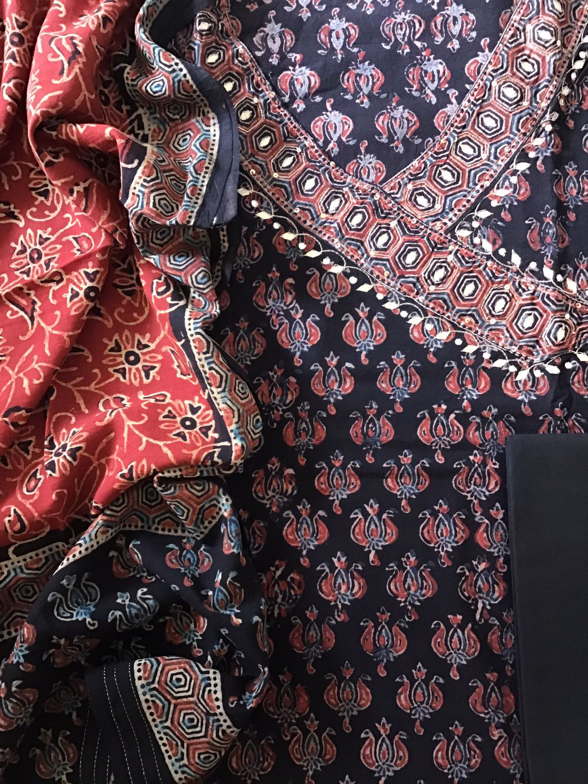 Pure Cotton Printed Embroidered Suit - Black