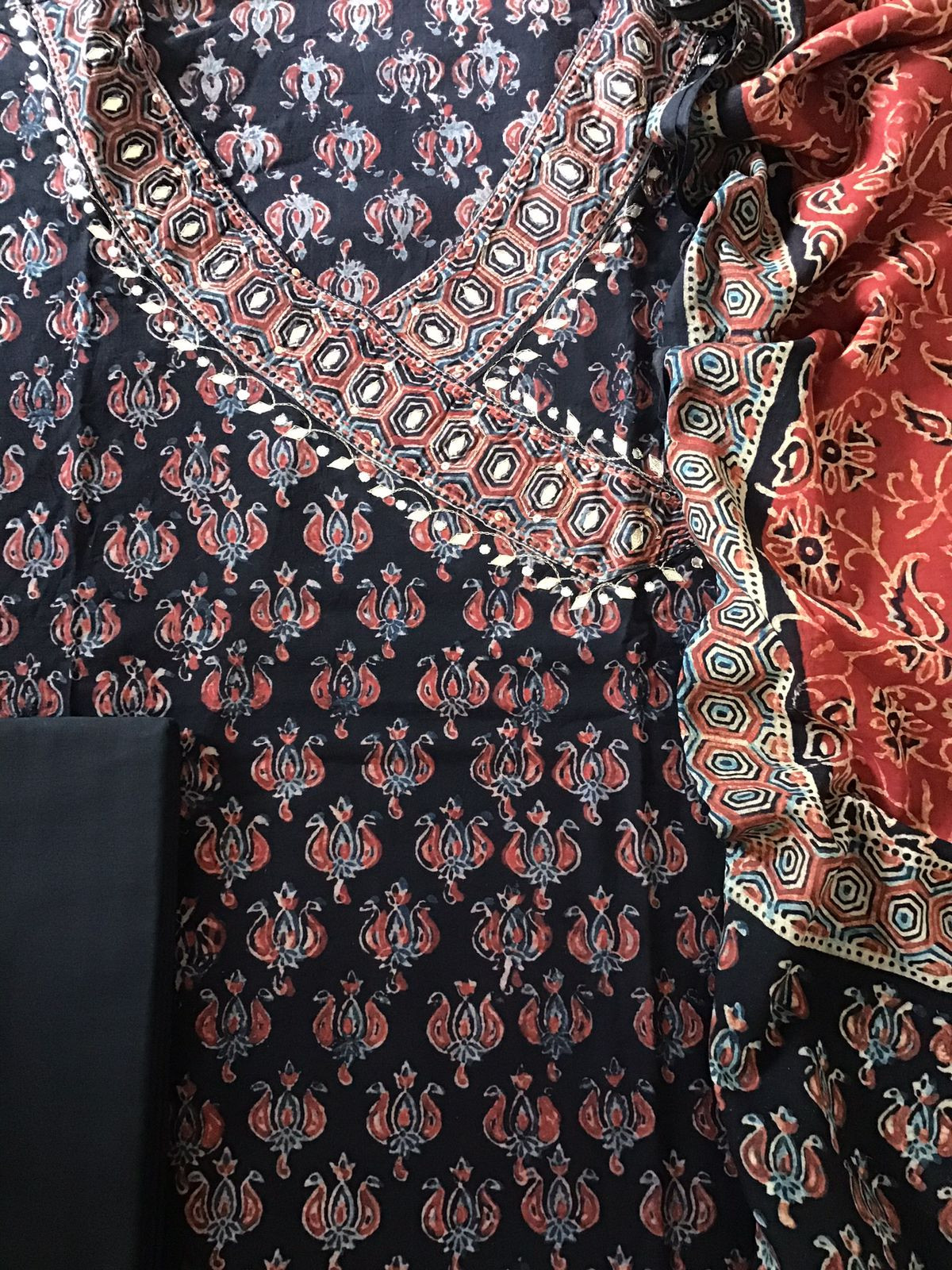 Pure Cotton Printed Embroidered Suit - Black