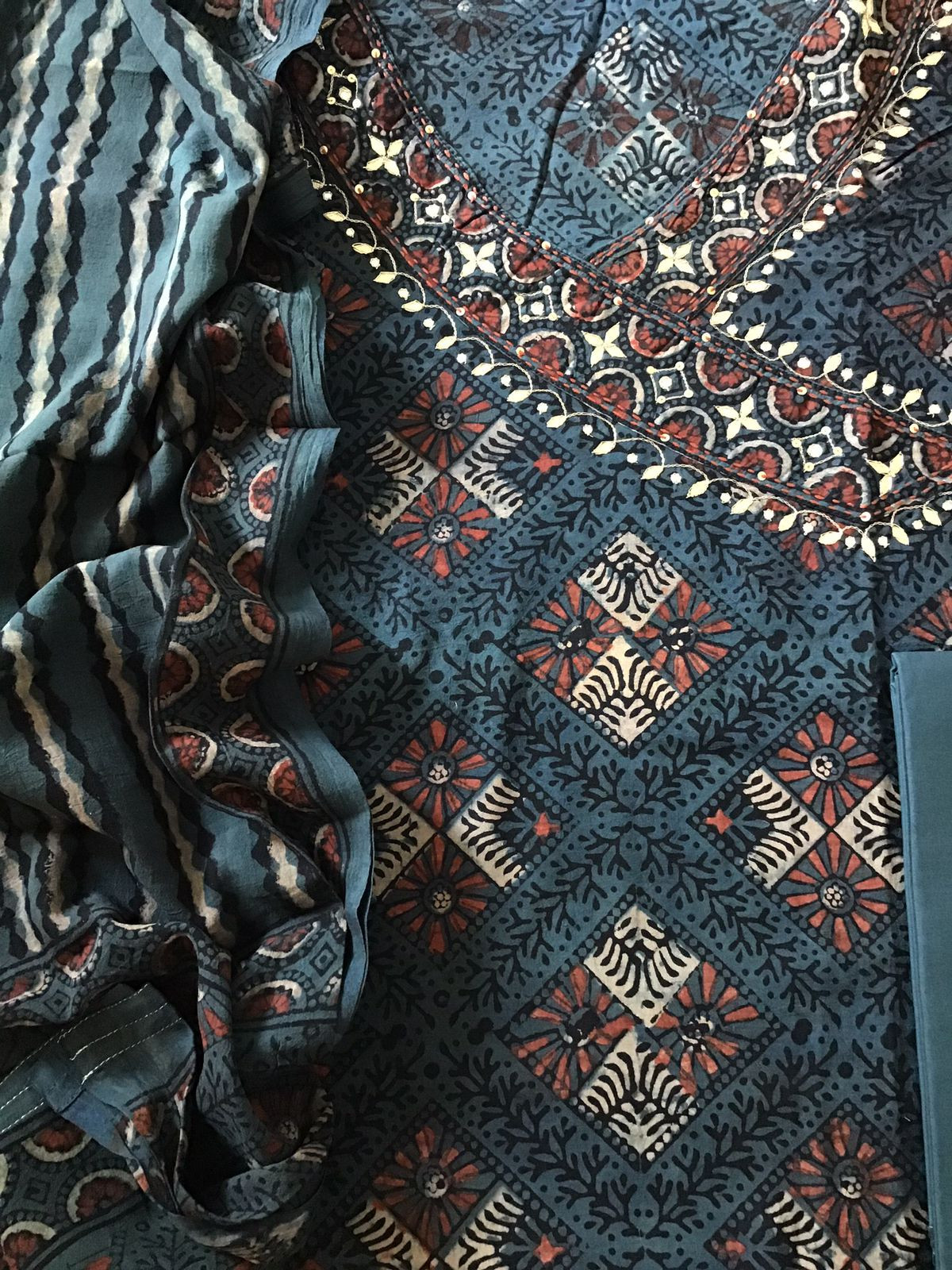 Pure Cotton Printed Embroidered Suit - Blue