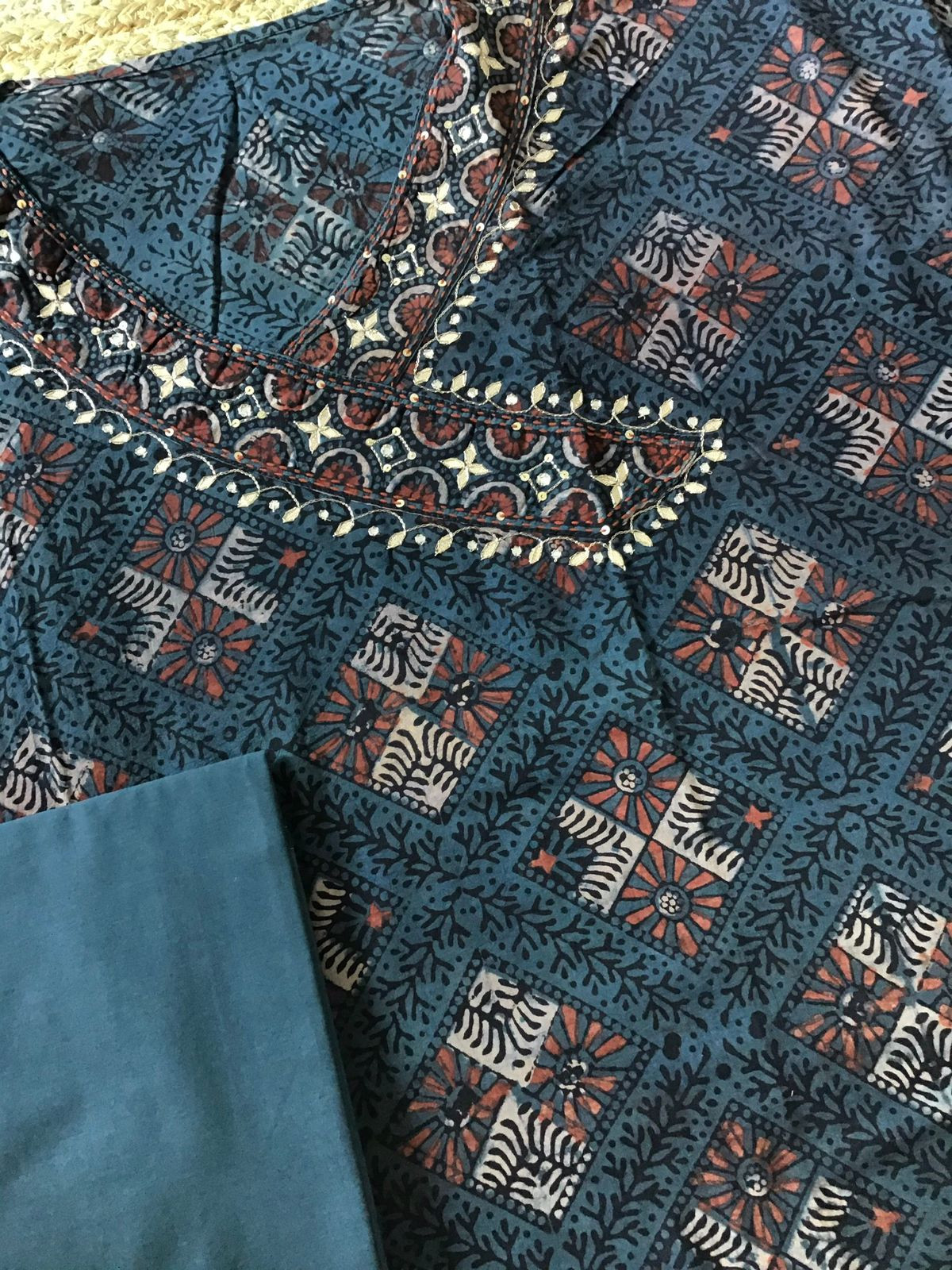 Pure Cotton Printed Embroidered Suit - Blue