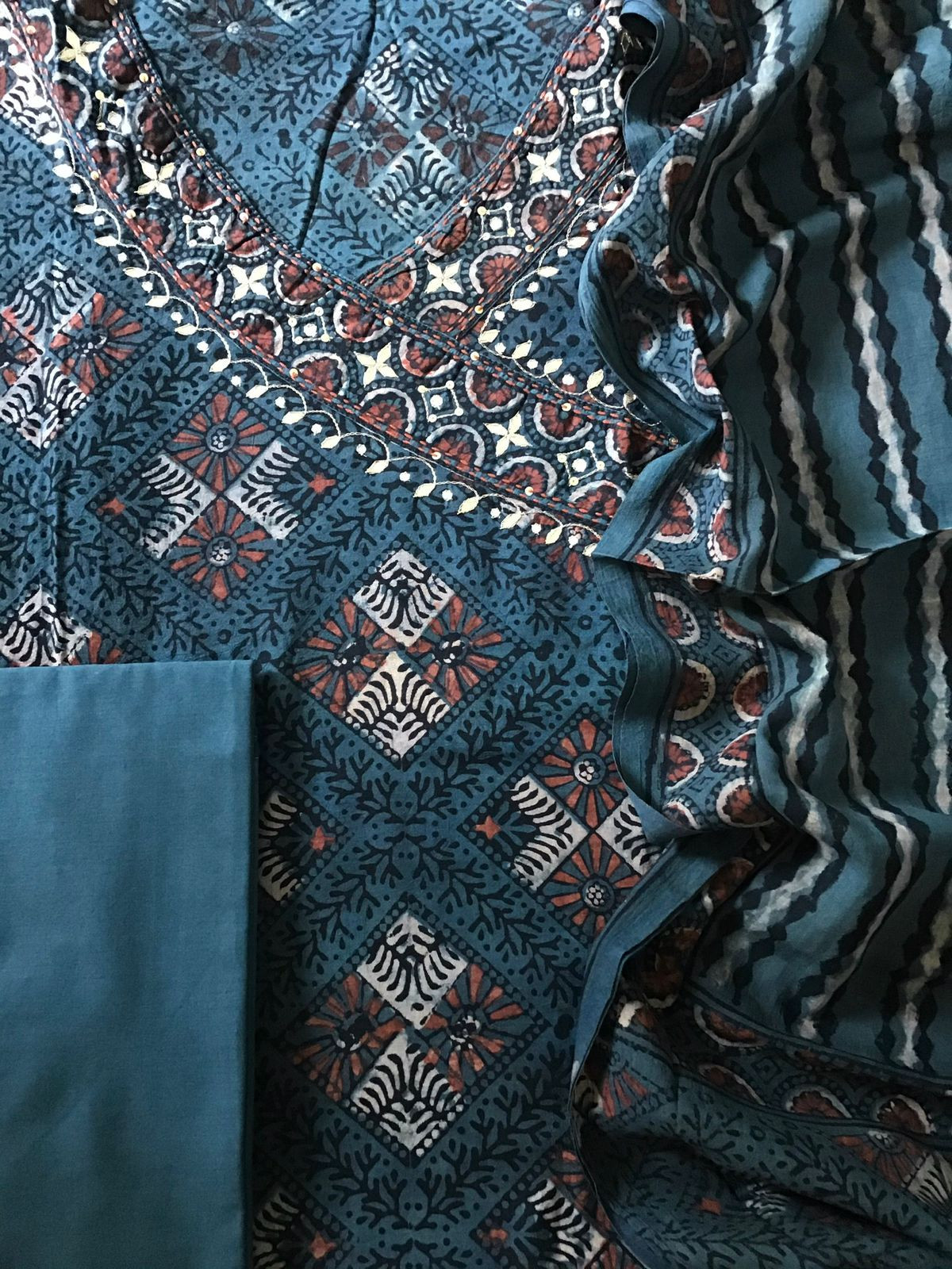 Pure Cotton Printed Embroidered Suit - Blue