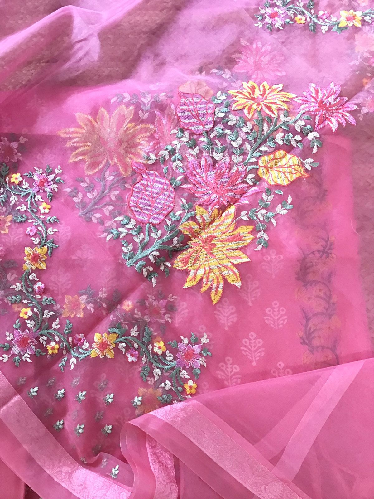 Pure Muslin Printed Embroidered Suit - Pink