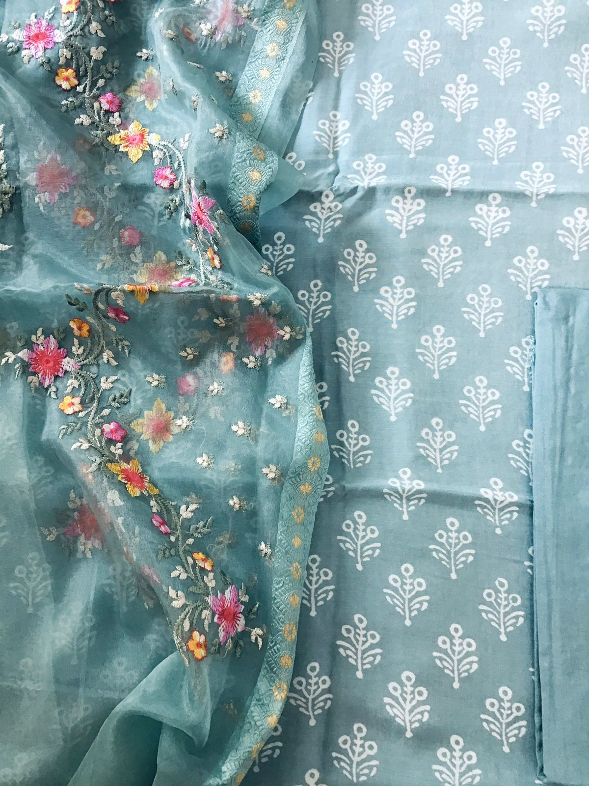 Pure Muslin Printed Embroidered Suit - Grey