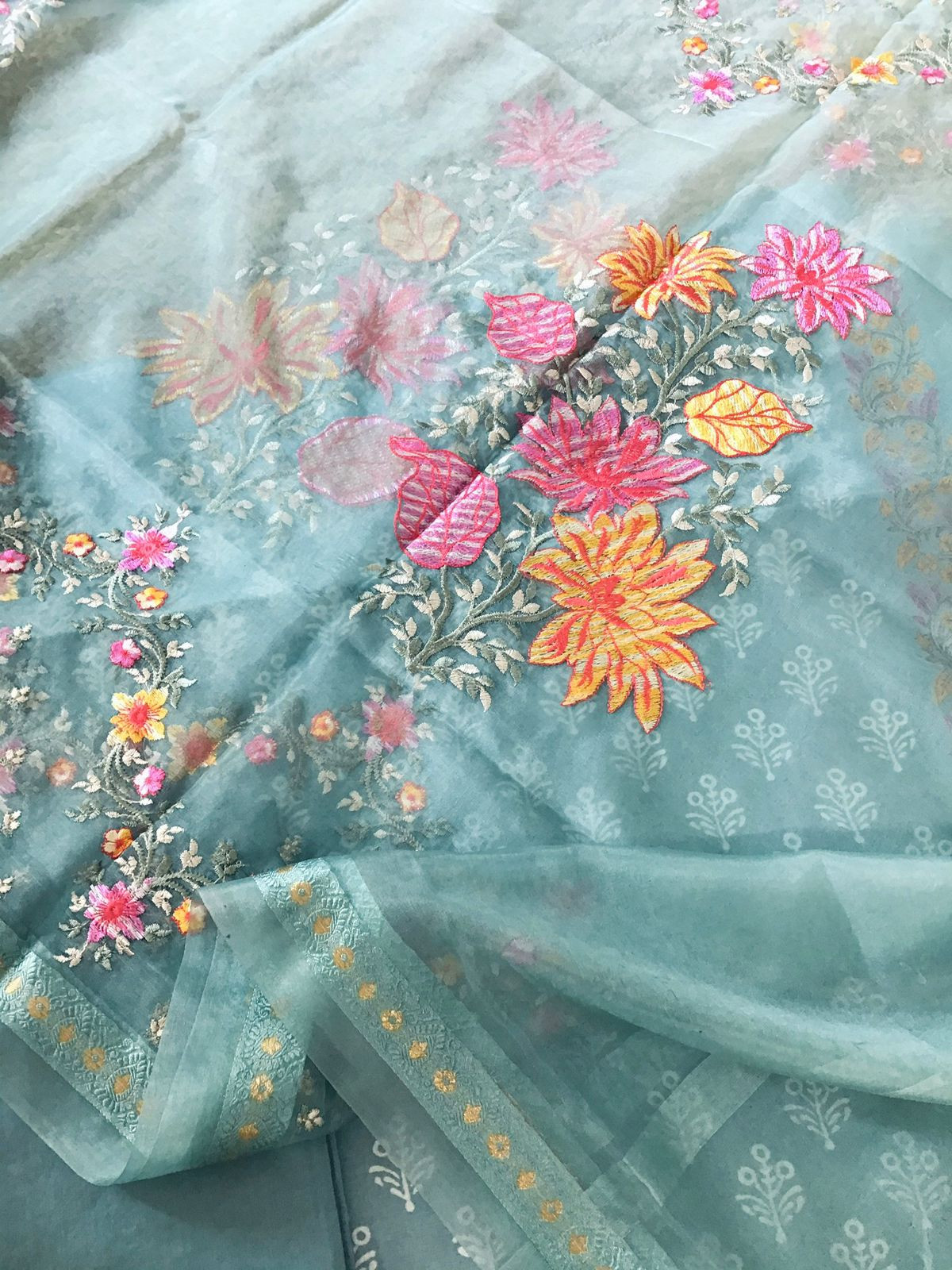 Pure Muslin Printed Embroidered Suit - Grey