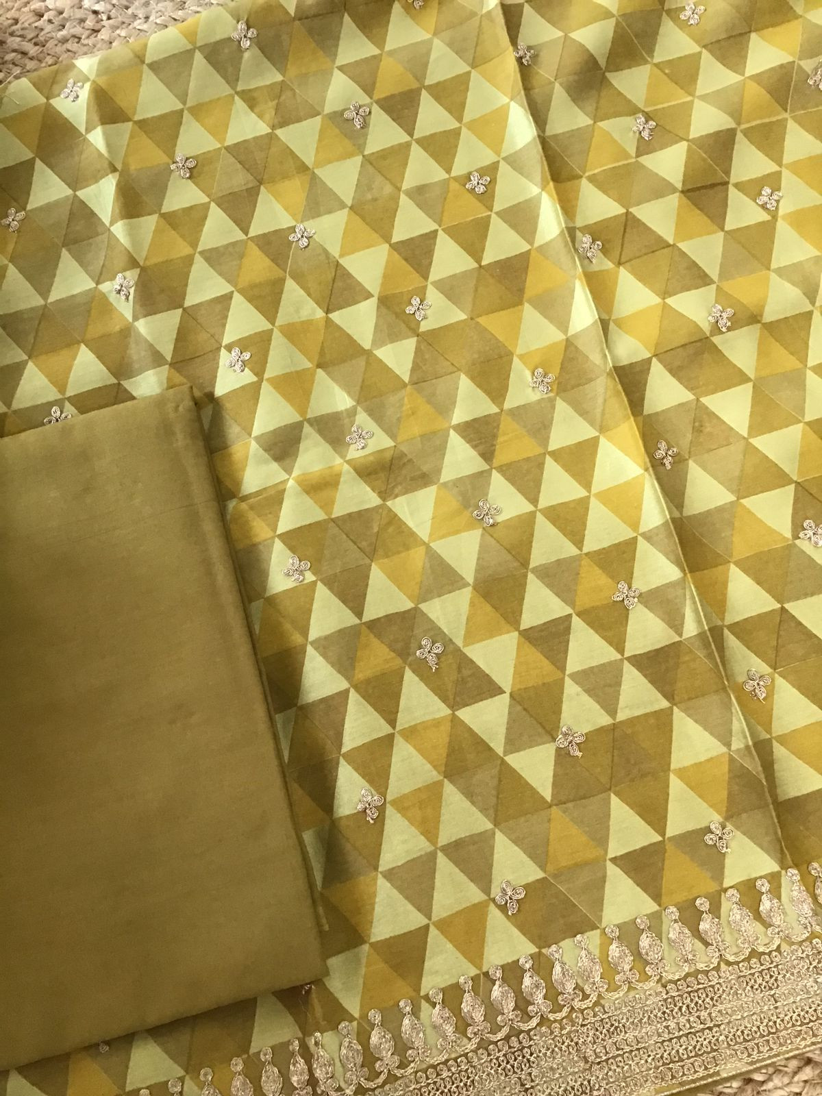 Pure Maheshwari Printed Embroidered Suit - Yellow