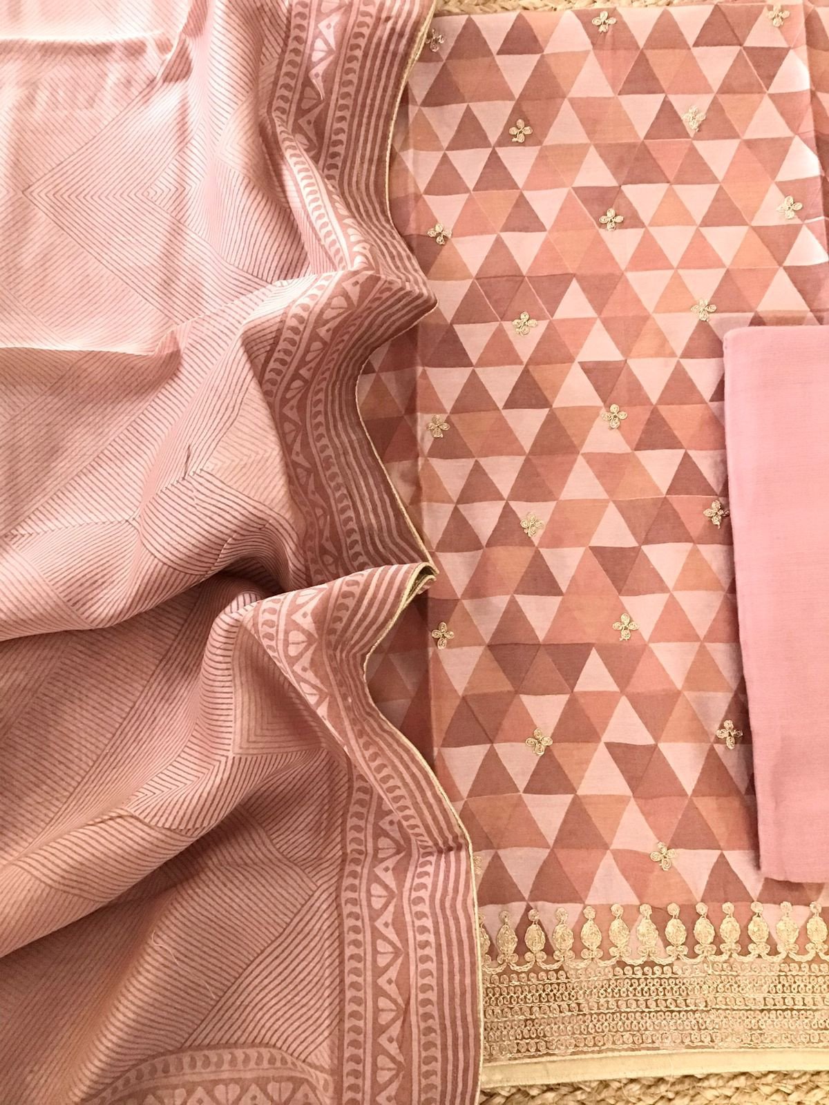 Pure Maheshwari Printed Embroidered Suit - Peach