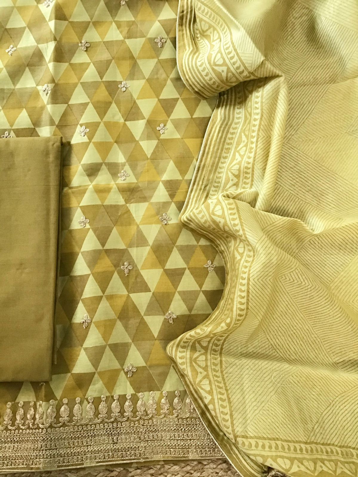 Pure Maheshwari Printed Embroidered Suit - Yellow