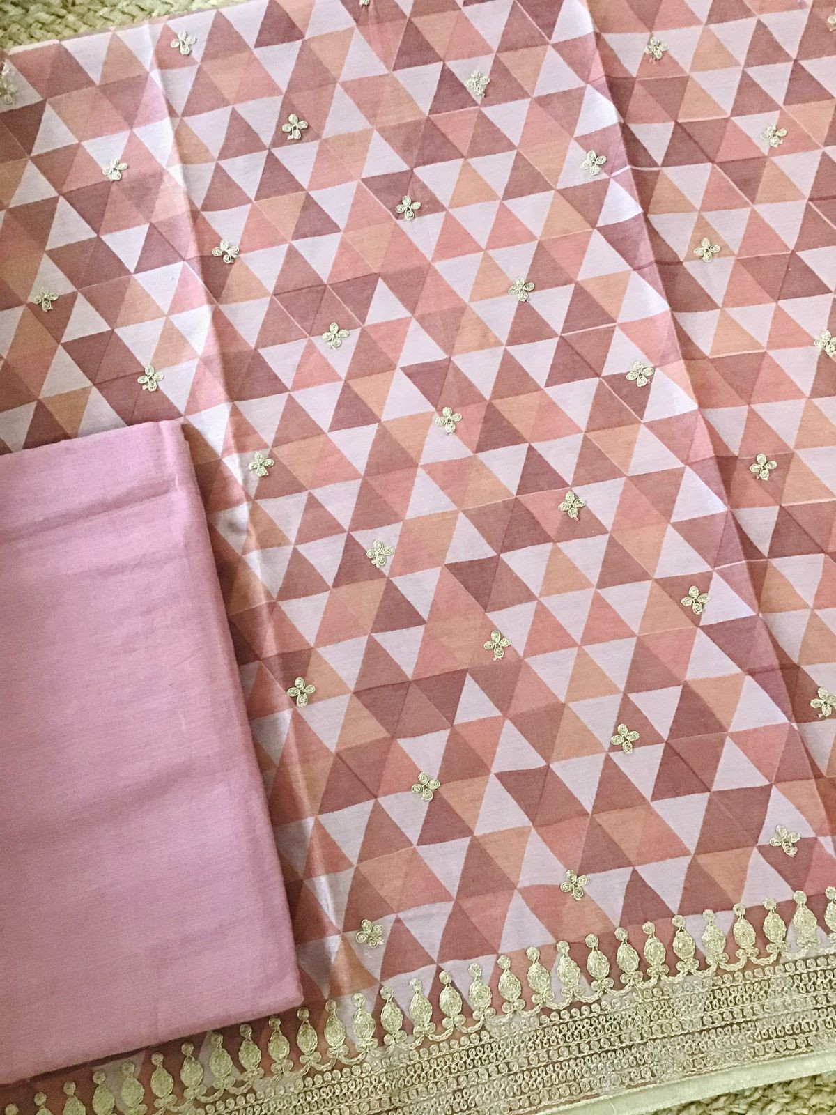 Pure Maheshwari Printed Embroidered Suit - Peach