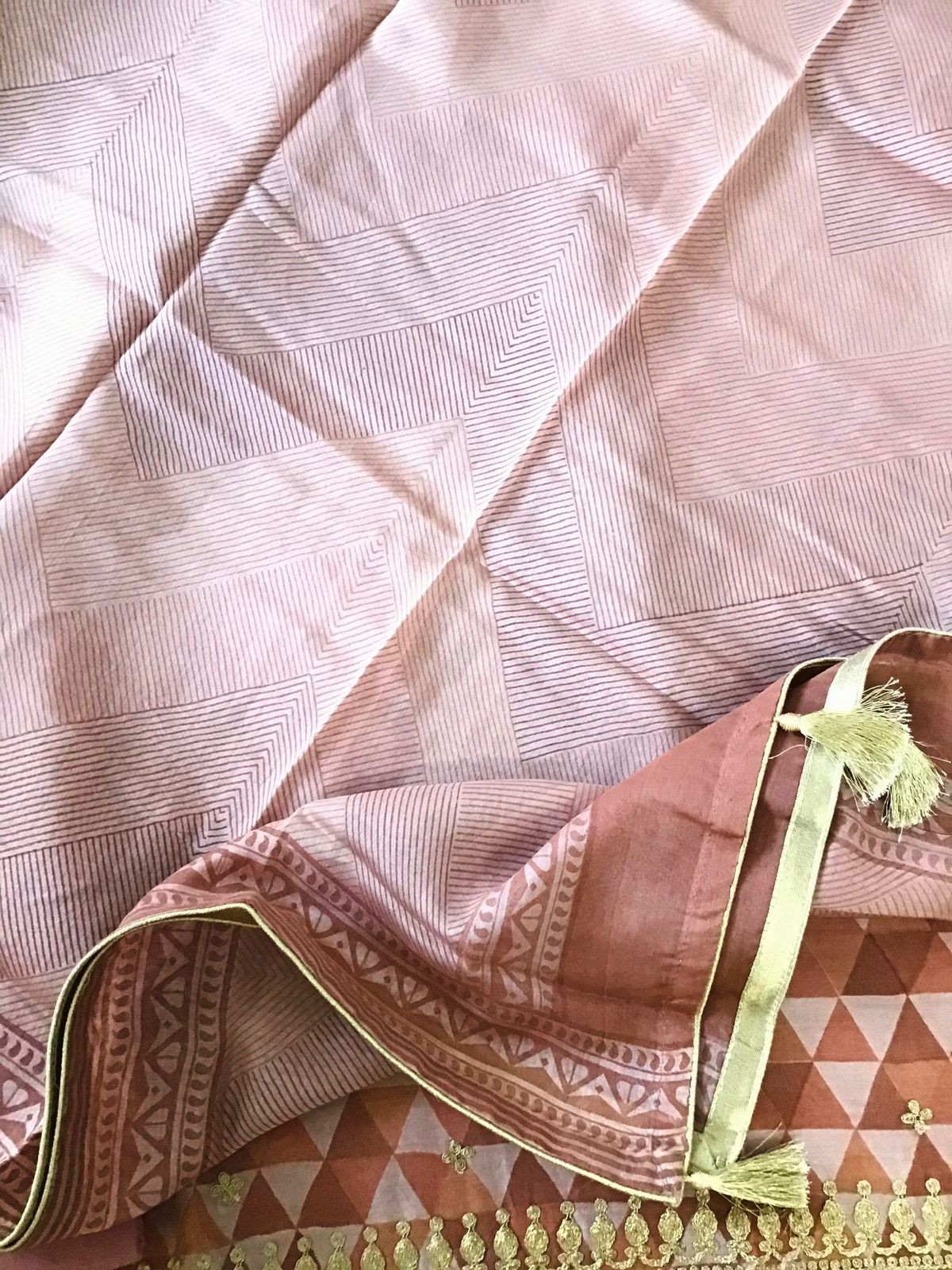 Pure Maheshwari Printed Embroidered Suit - Peach