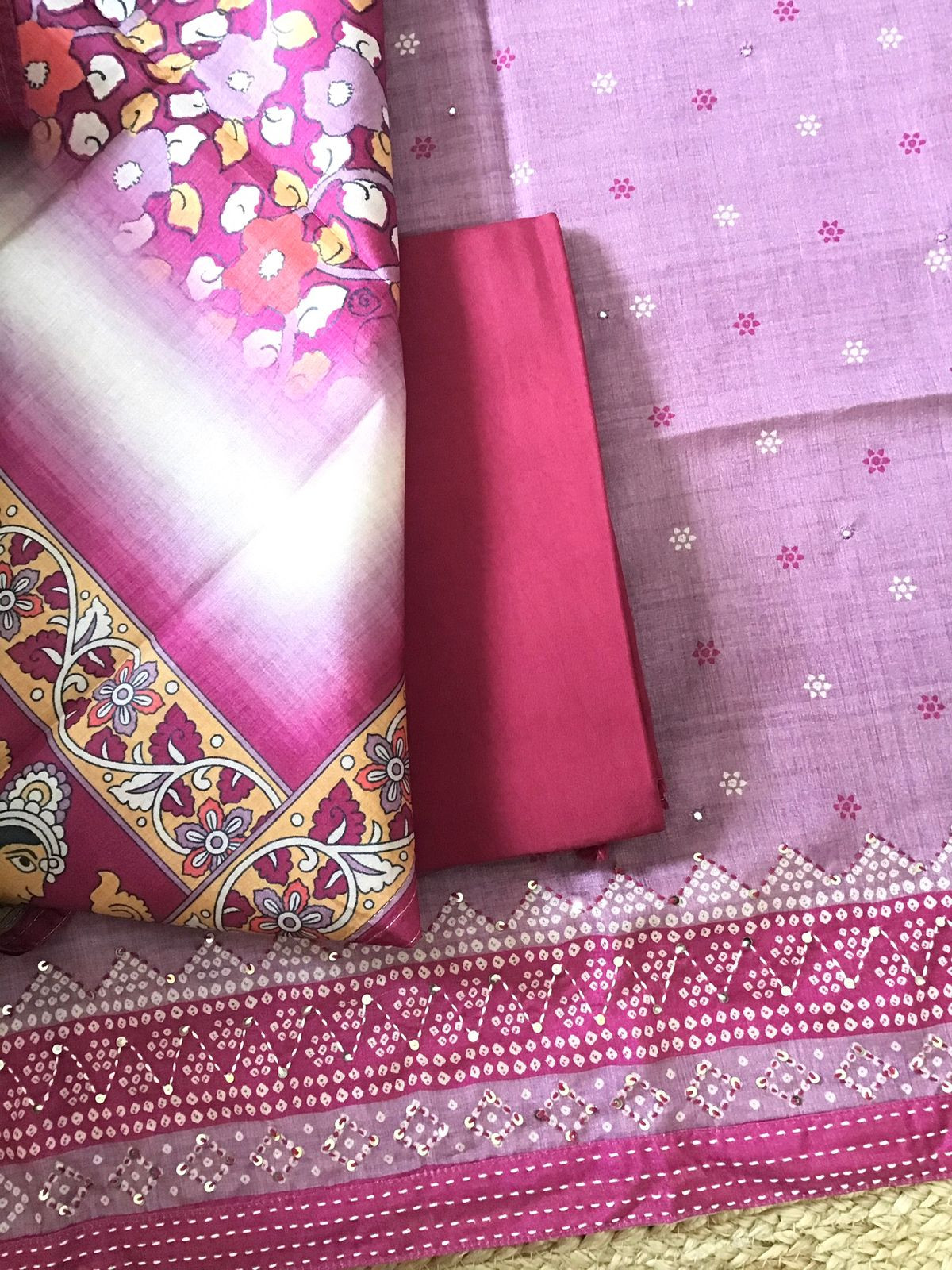 Soft Semi Tussar Printed Embroidered Suit - Pink