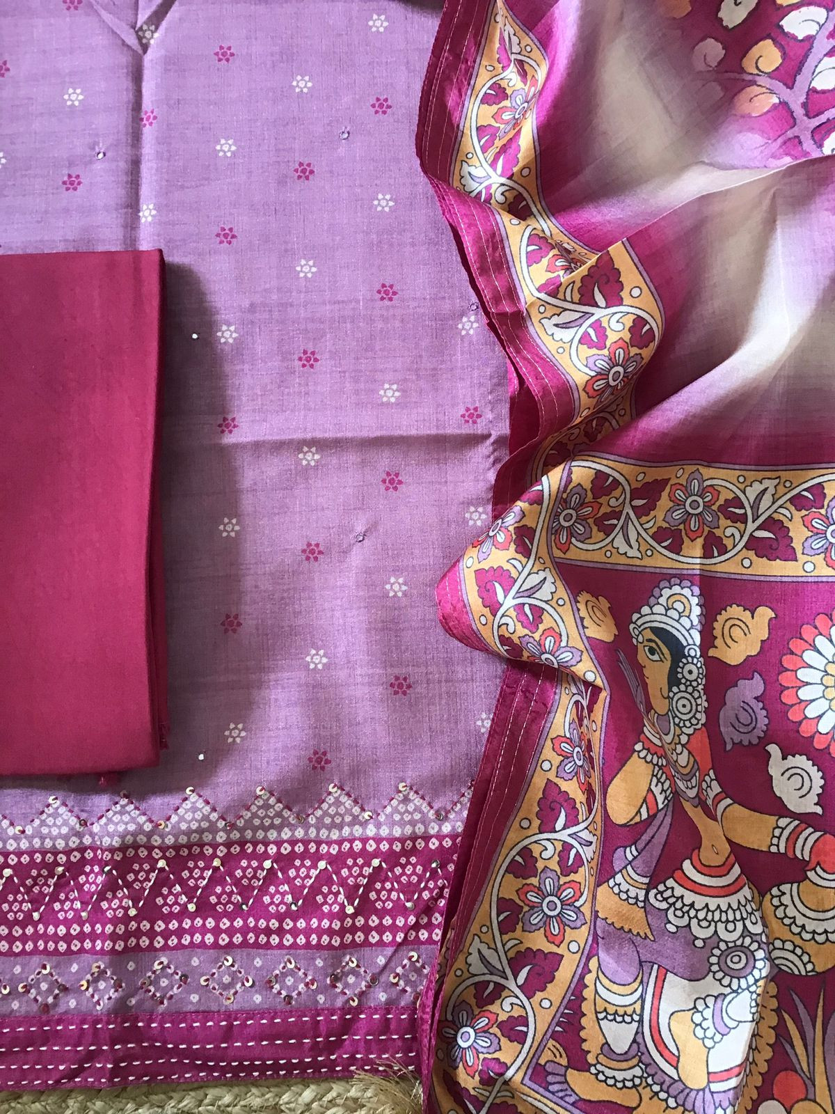 Soft Semi Tussar Printed Embroidered Suit - Pink