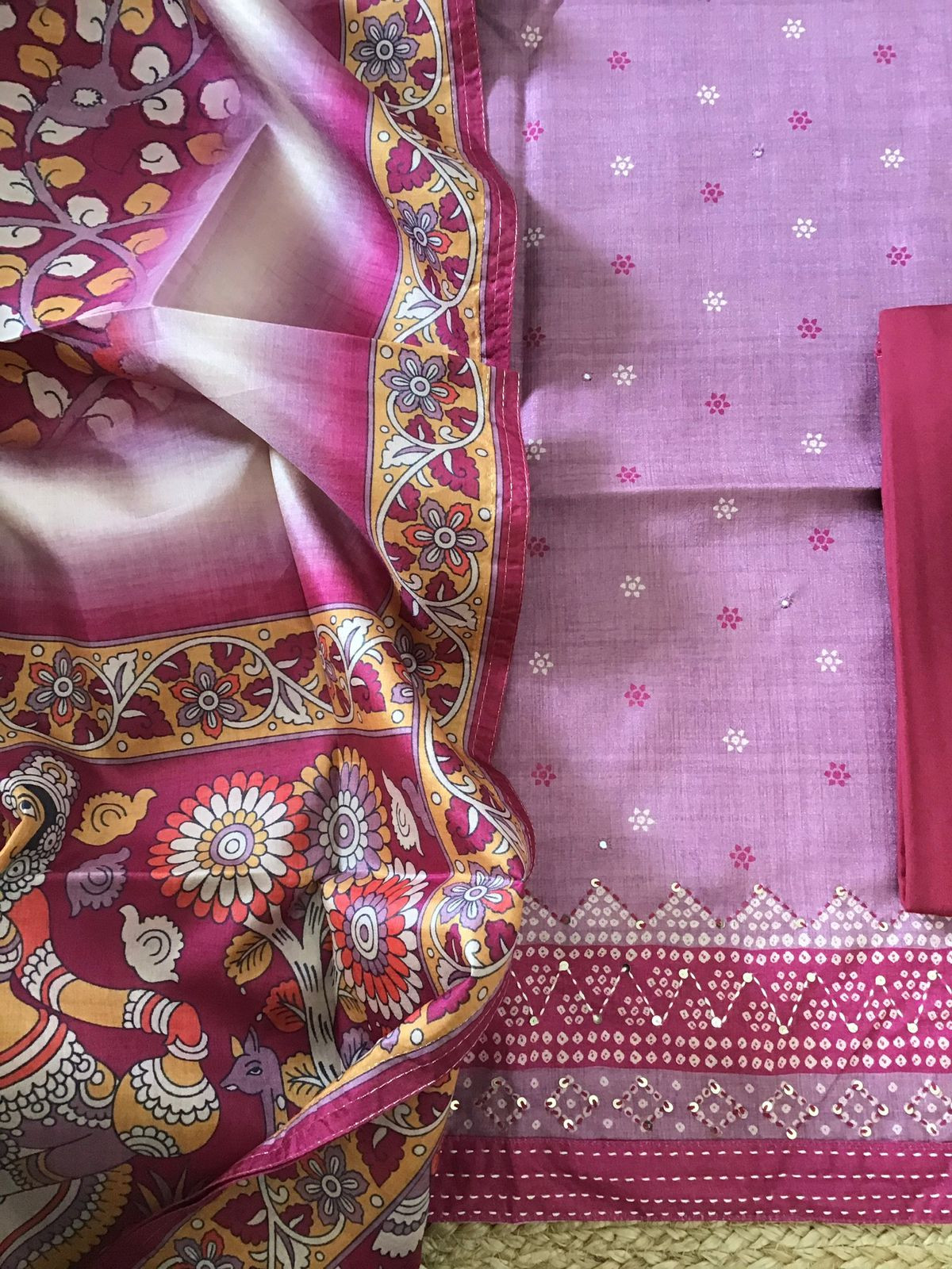 Soft Semi Tussar Printed Embroidered Suit - Pink