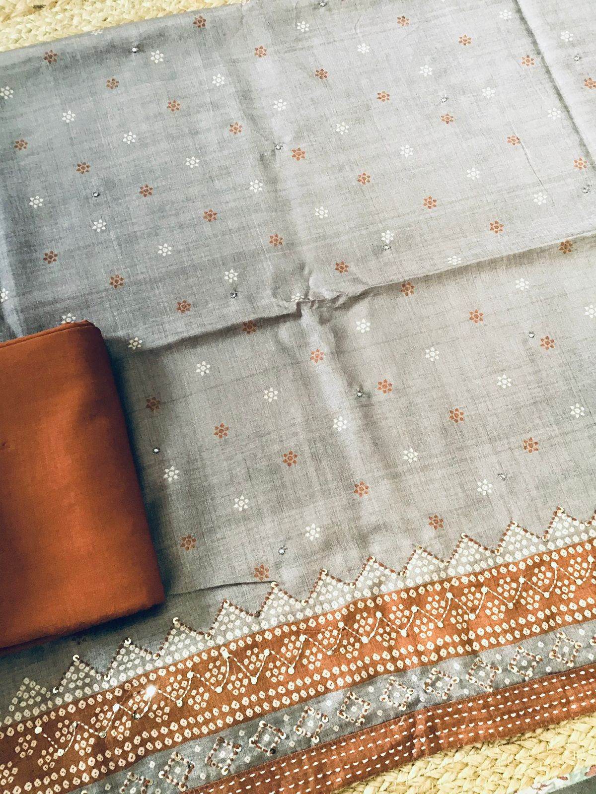 Soft Semi Tussar Printed Embroidered Suit - Beigish Grey