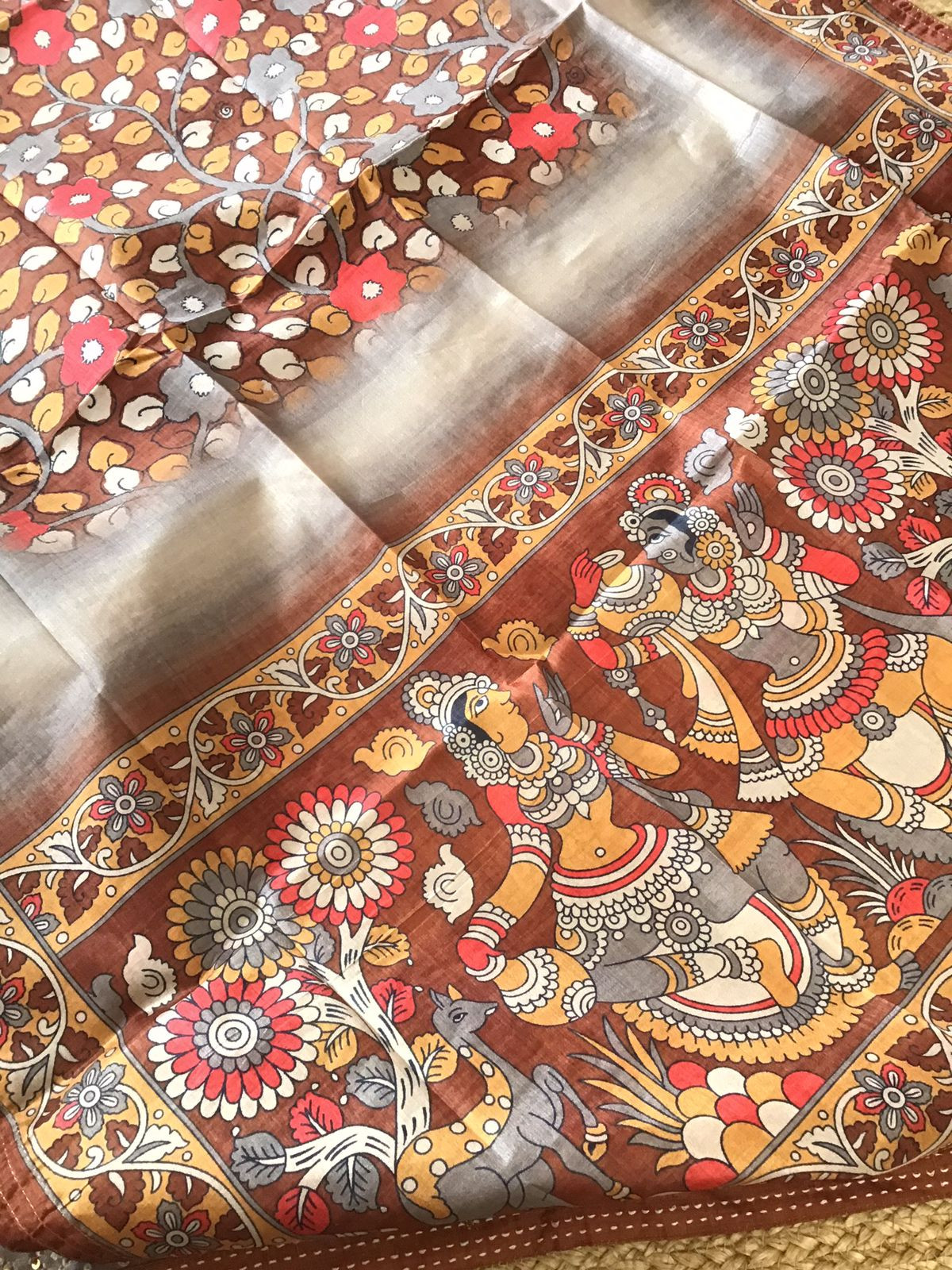 Soft Semi Tussar Printed Embroidered Suit - Beigish Grey