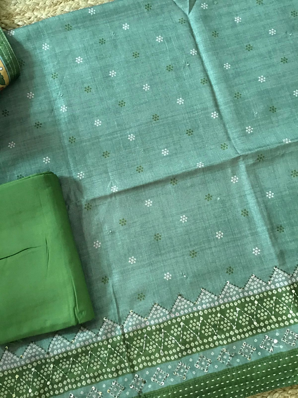 Soft Semi Tussar Printed Embroidered Suit - Green