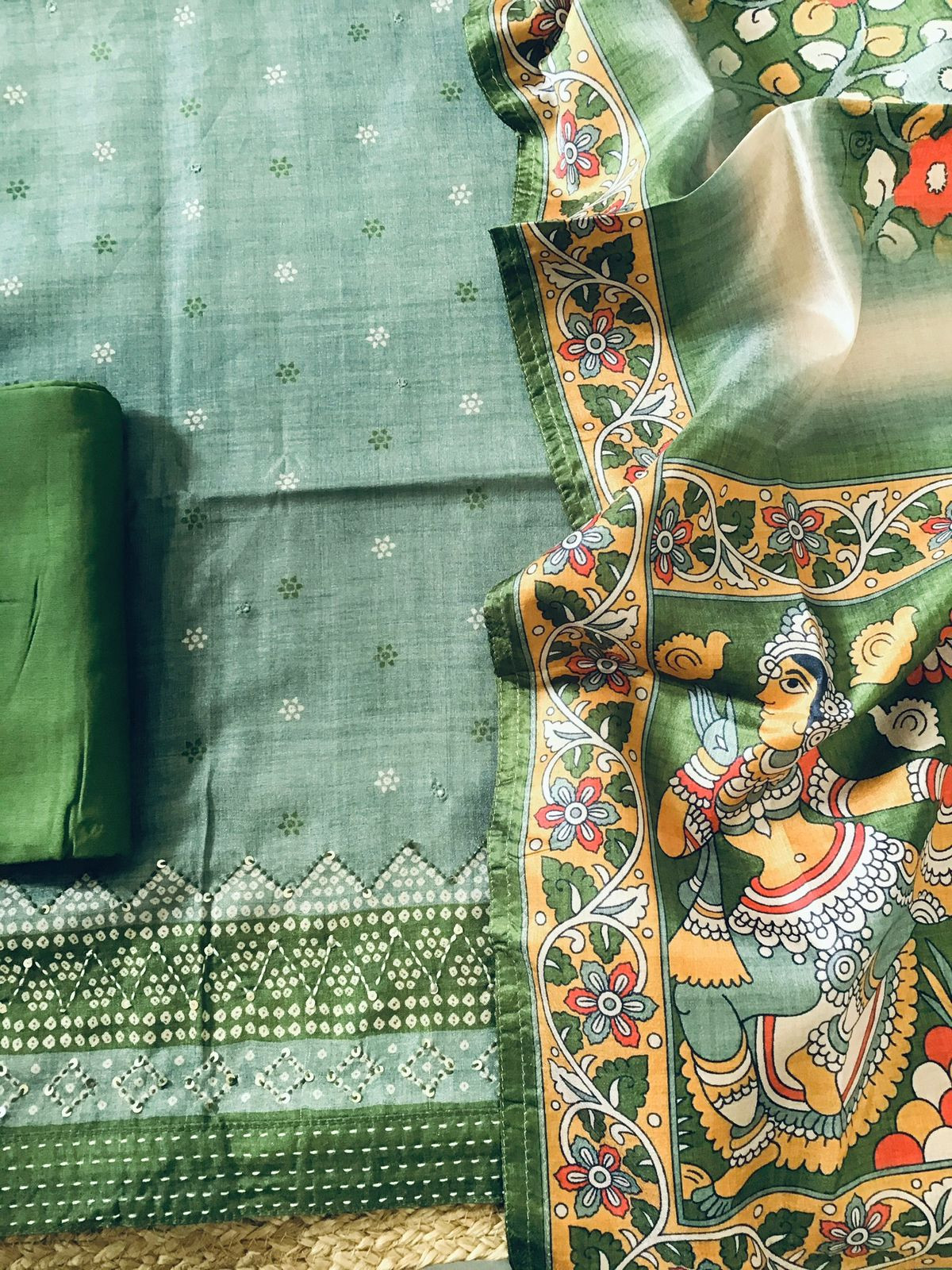 Soft Semi Tussar Printed Embroidered Suit - Green