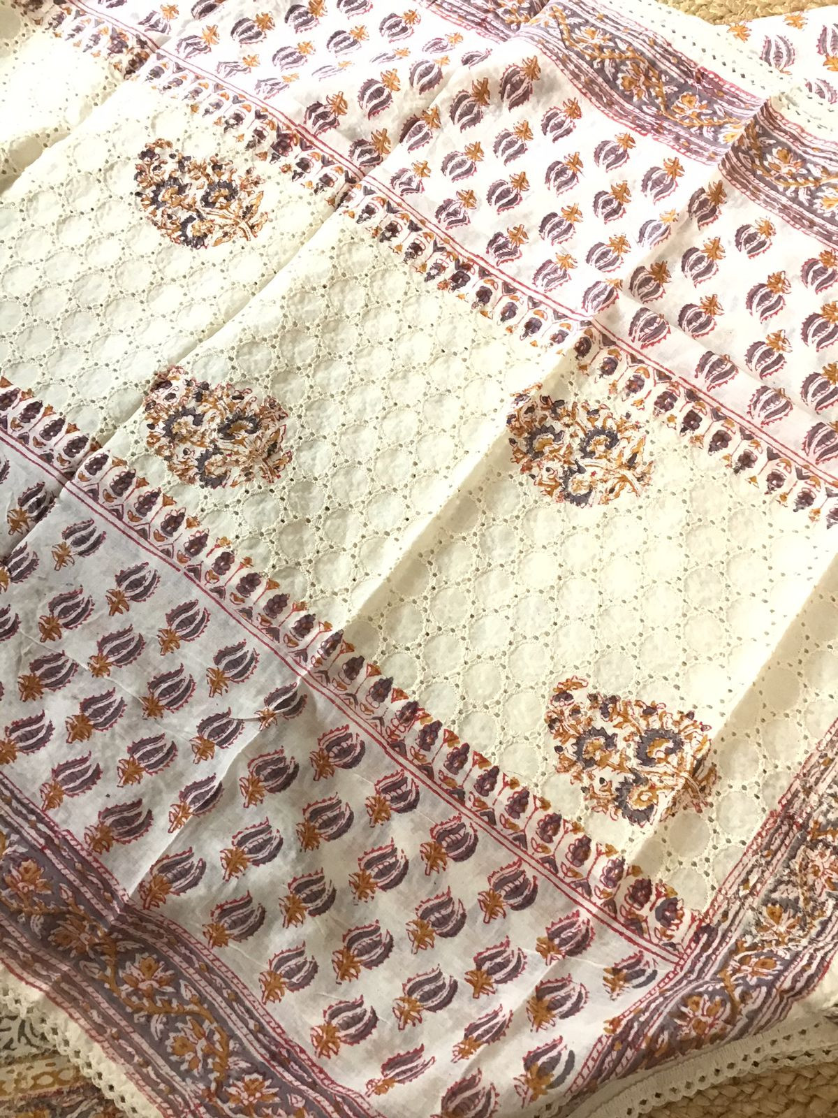 Pure Cotton Printed Embroidered Suit - Off White