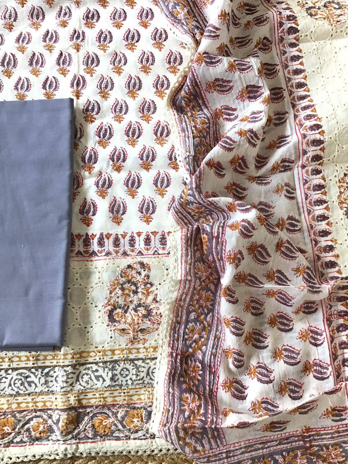 Pure Cotton Printed Embroidered Suit - Off White