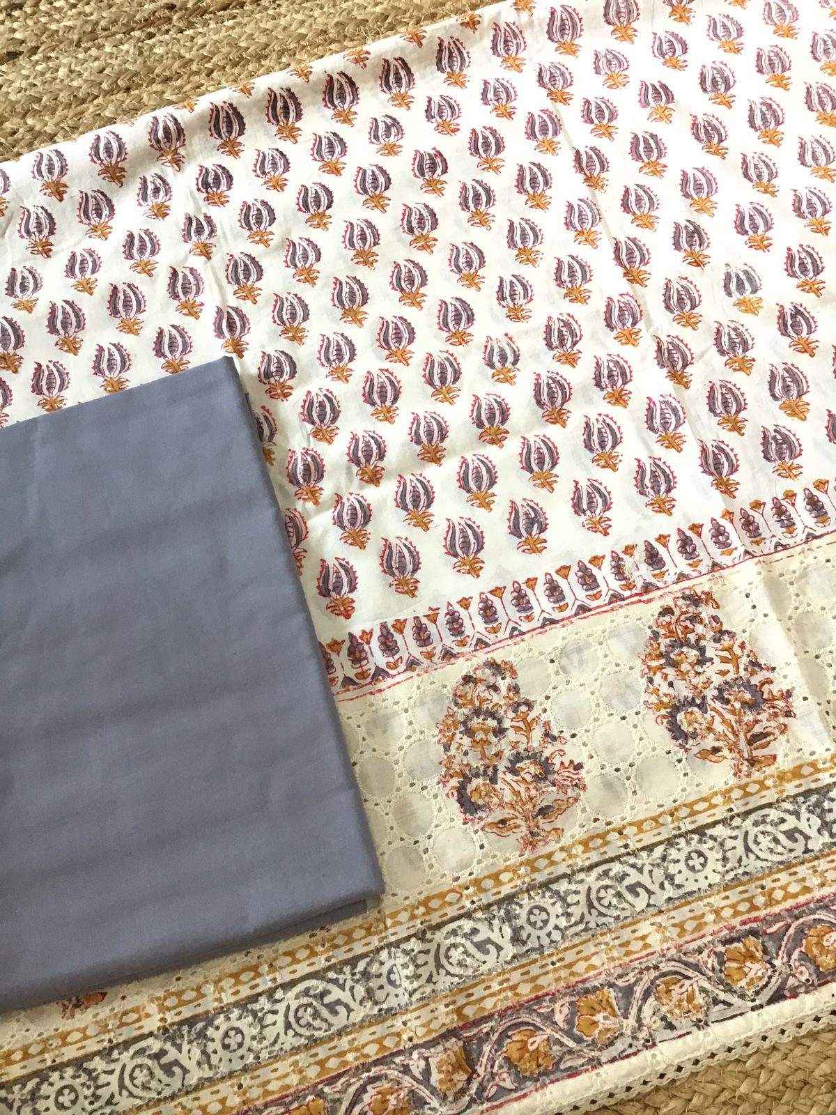 Pure Cotton Printed Embroidered Suit - Off White