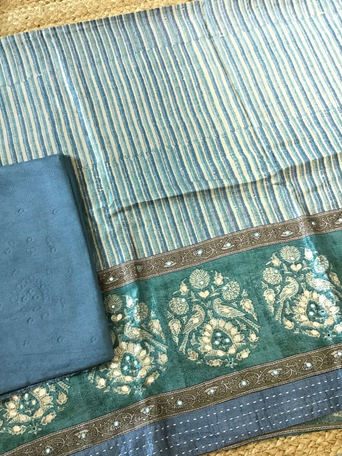 Soft Semi Tussar Printed Embroidered Suit - Blue