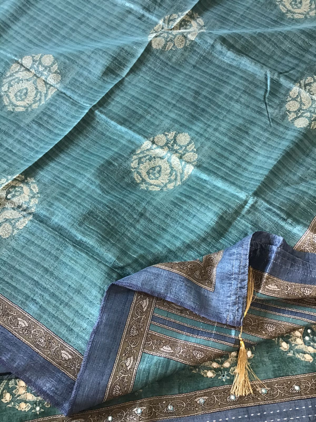 Soft Semi Tussar Printed Embroidered Suit - Blue