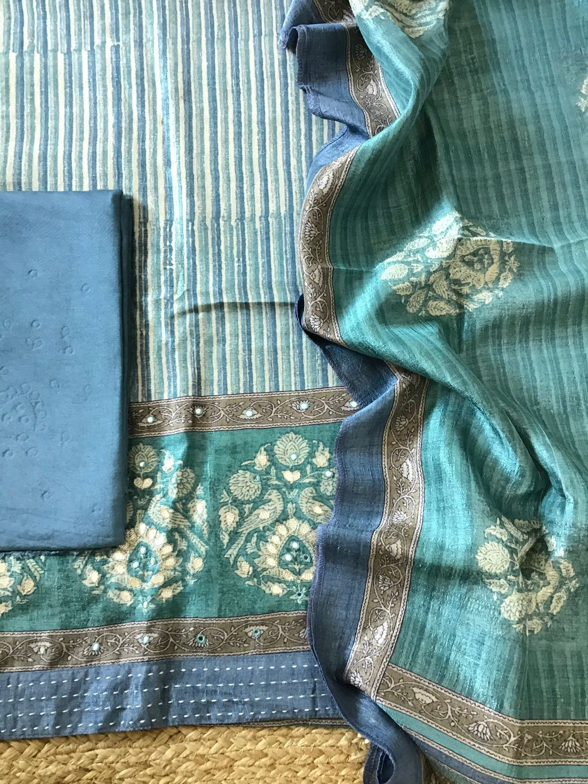 Soft Semi Tussar Printed Embroidered Suit - Blue