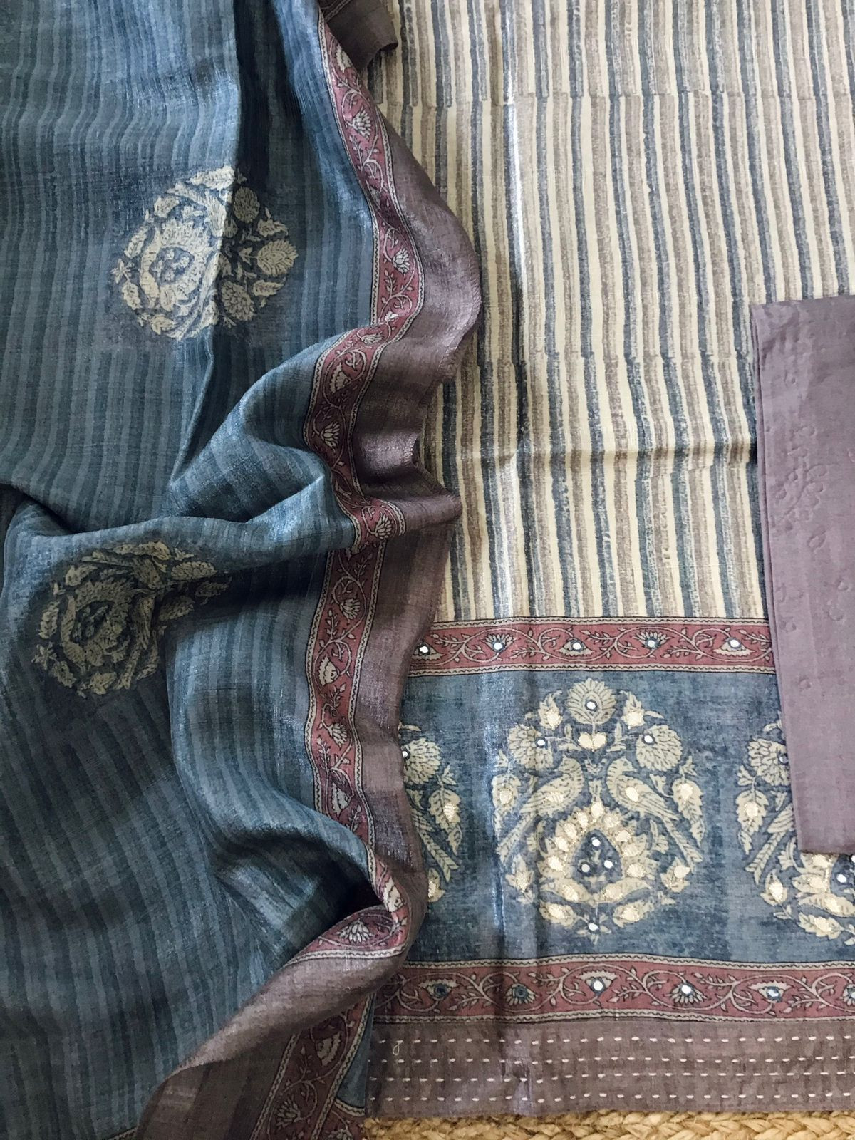 Soft Semi Tussar Printed Embroidered Suit - Brown