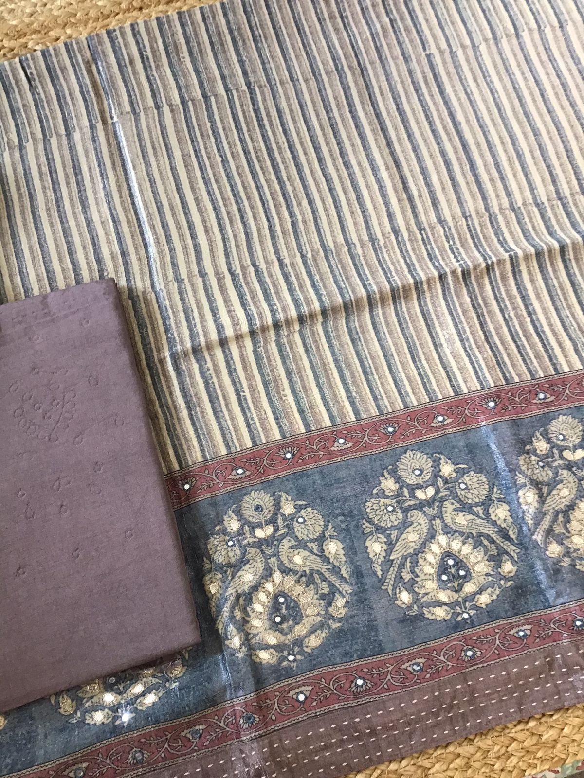 Soft Semi Tussar Printed Embroidered Suit - Brown