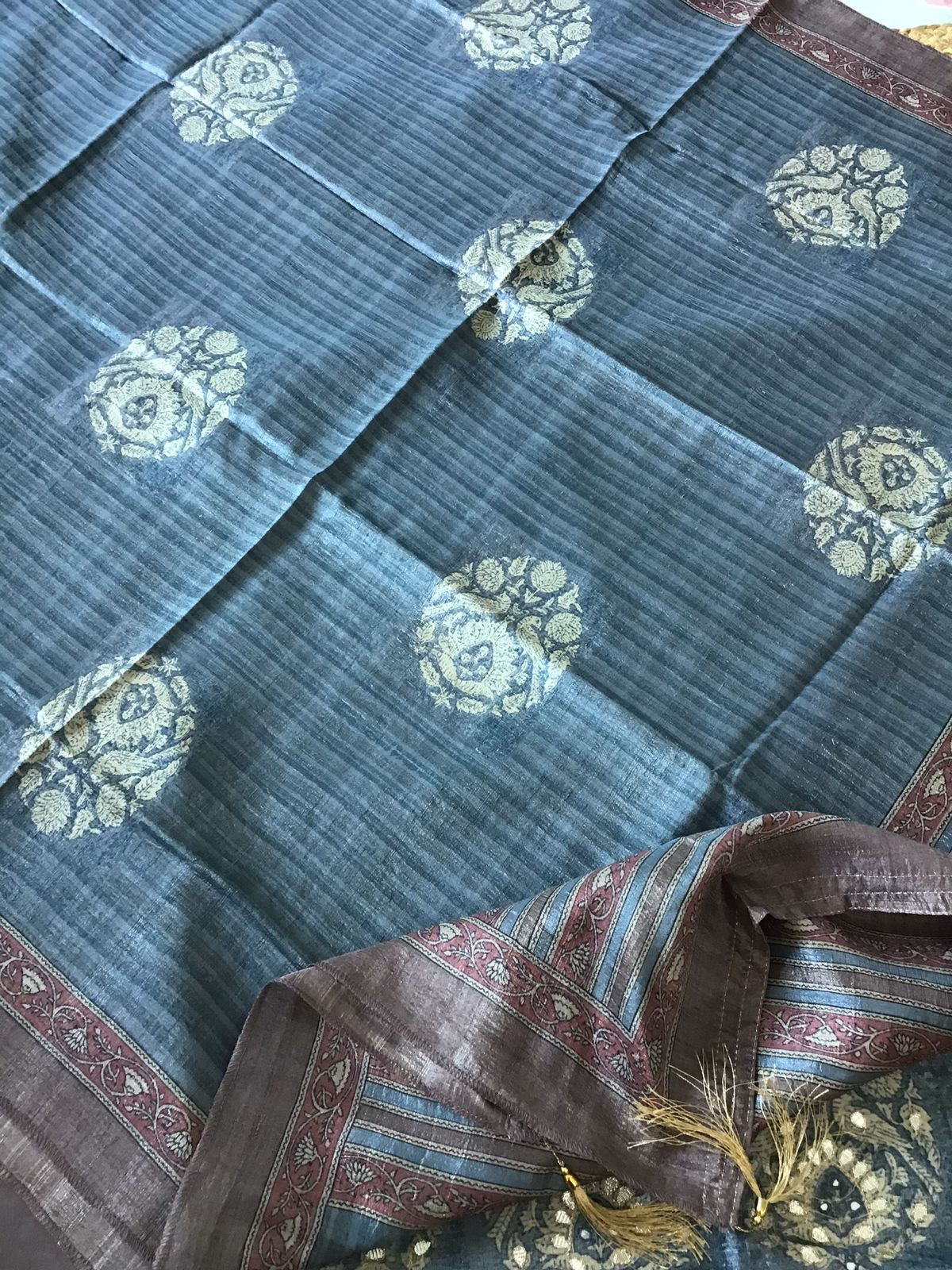 Soft Semi Tussar Printed Embroidered Suit - Brown